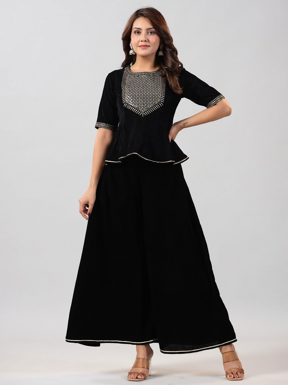 Juniper Black Ethnic Motif Printed Velvet Embroidered Clothing Set With Sequins Work