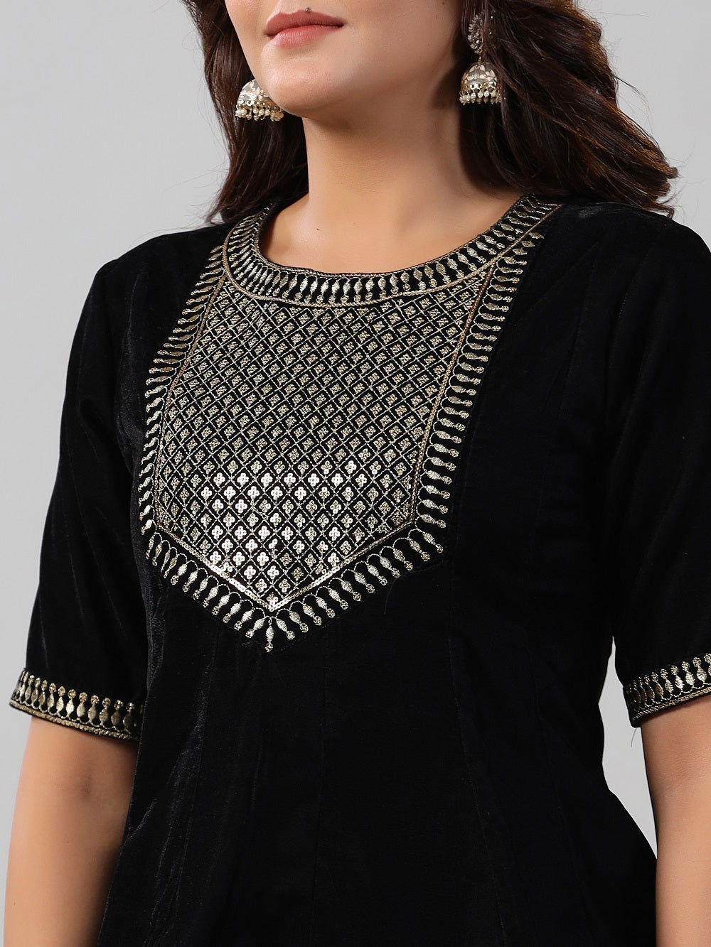 Juniper Black Ethnic Motif Printed Velvet Embroidered Clothing Set With Sequins Work