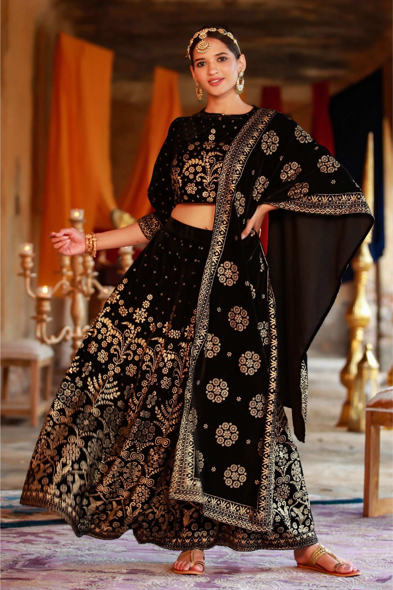 Juniper Black Ethnic Motif Printed Velvet Lehenga Choli Dupatta
