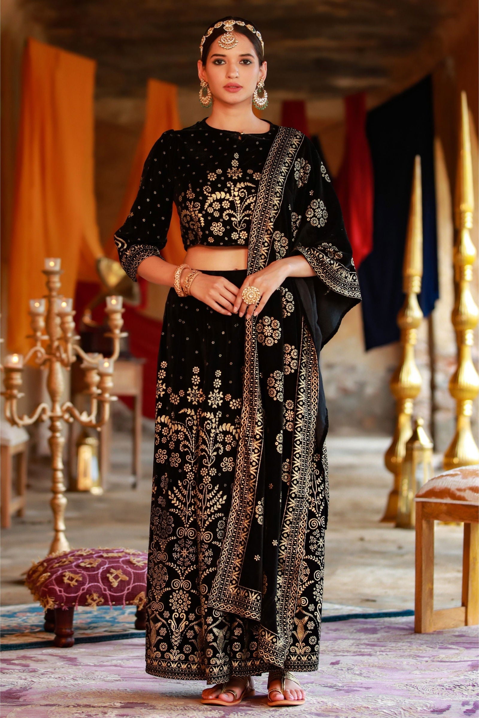 Juniper Black Ethnic Motif Printed Velvet Lehenga Choli & Dupatta Set.