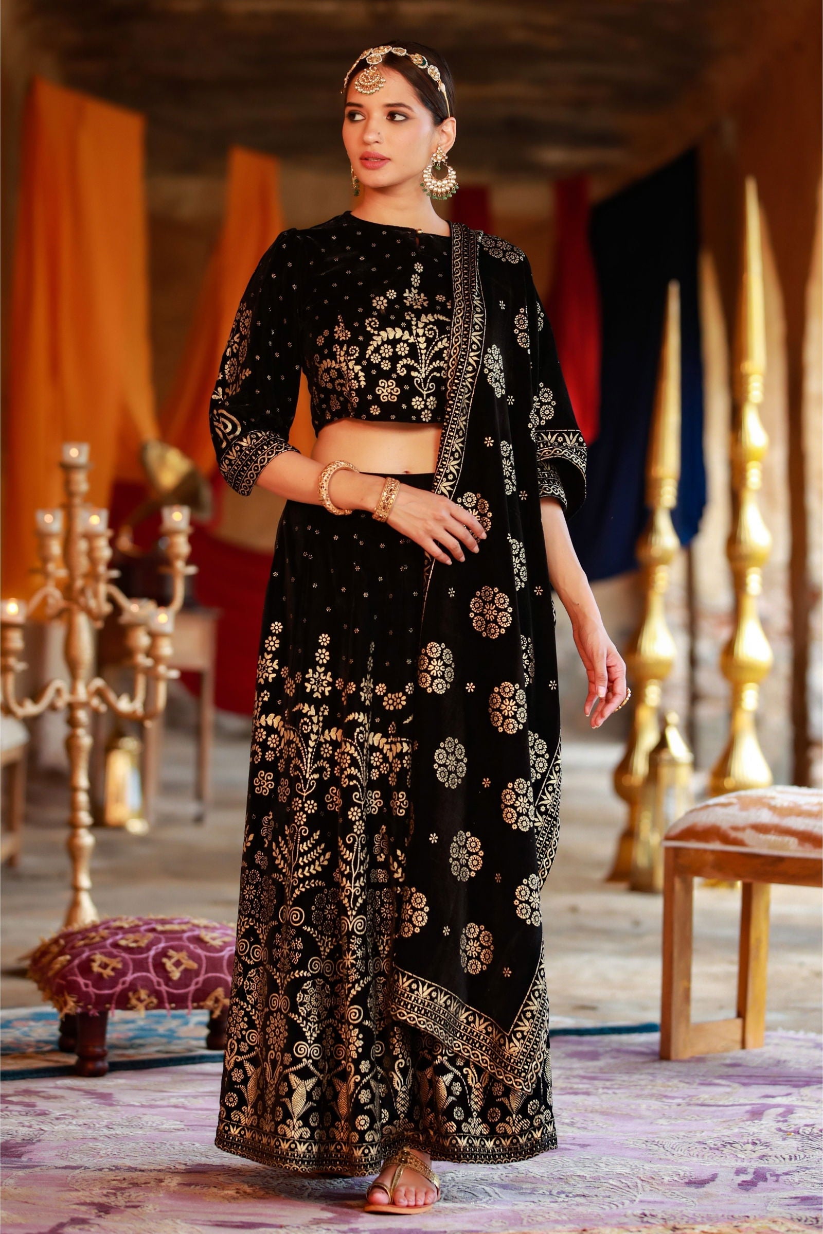 Juniper Black Ethnic Motif Printed Velvet Lehenga Choli & Dupatta Set.
