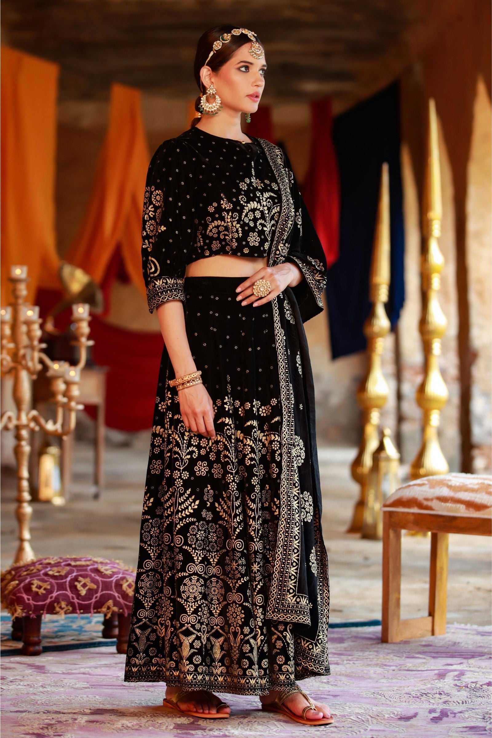 Juniper Black Ethnic Motif Printed Velvet Lehenga Choli & Dupatta Set.