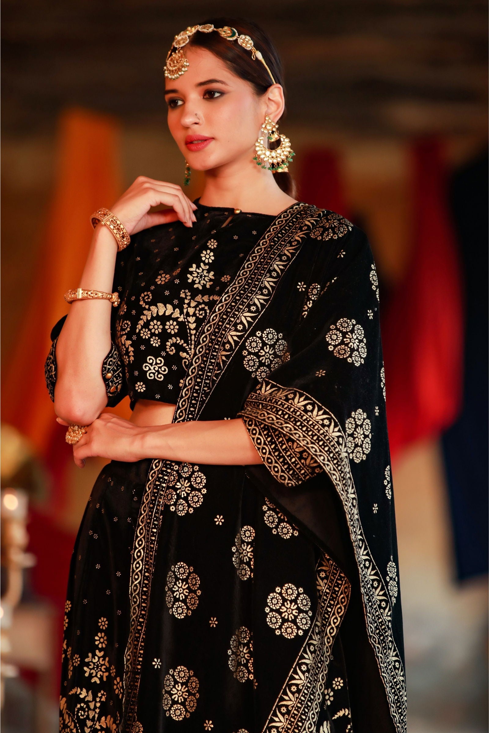 Juniper Black Ethnic Motif Printed Velvet Lehenga Choli & Dupatta Set.