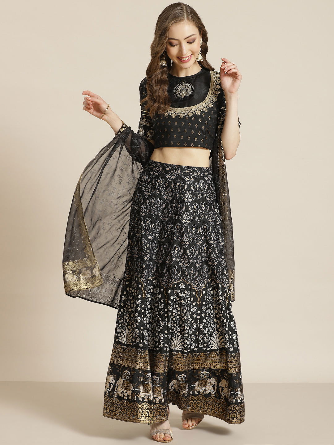 Juniper Black Ethnic motif Printed Shantoon Lehenga Choli & Dupatta Set With Zari Work Embroidery.