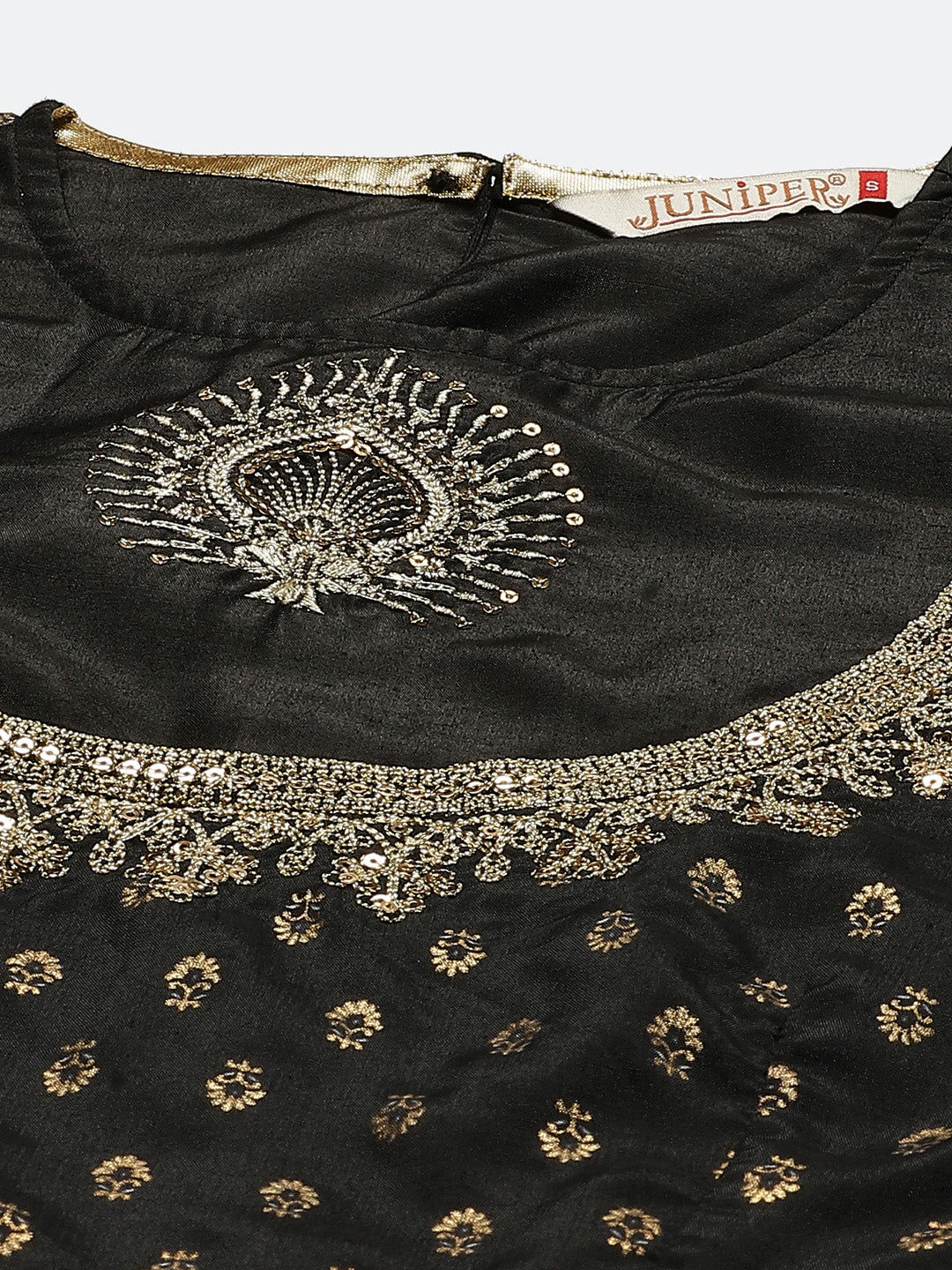 Juniper Black Ethnic motif Printed Shantoon Lehenga Choli & Dupatta Set With Zari Work Embroidery.