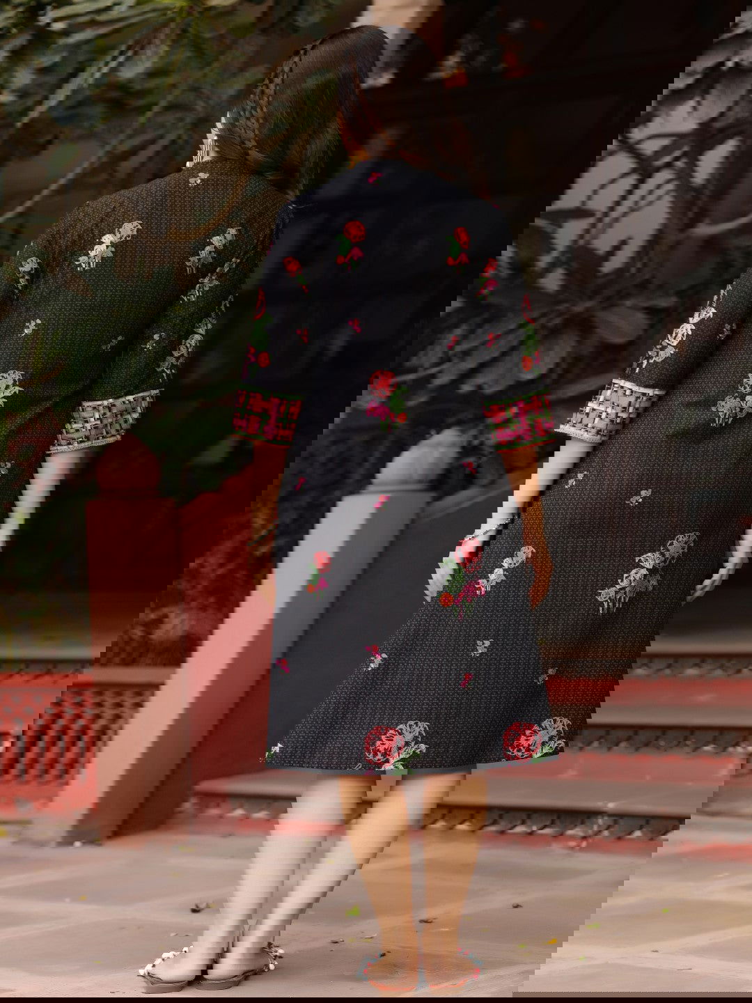 Juniper Black Floral Printed A-Line Pleated Cotton Dress With Kantha Work & Tassels