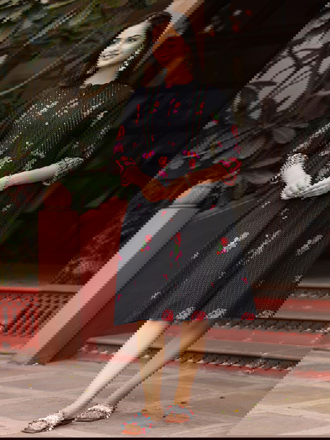 Juniper Black Floral Printed A-Line Pleated Cotton Dress With Kantha Work & Tassels