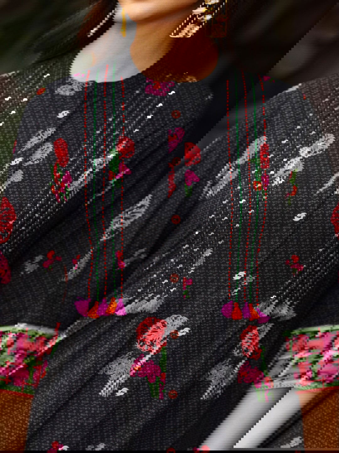 Juniper Black Floral Printed A-Line Pleated Cotton Dress With Kantha Work & Tassels