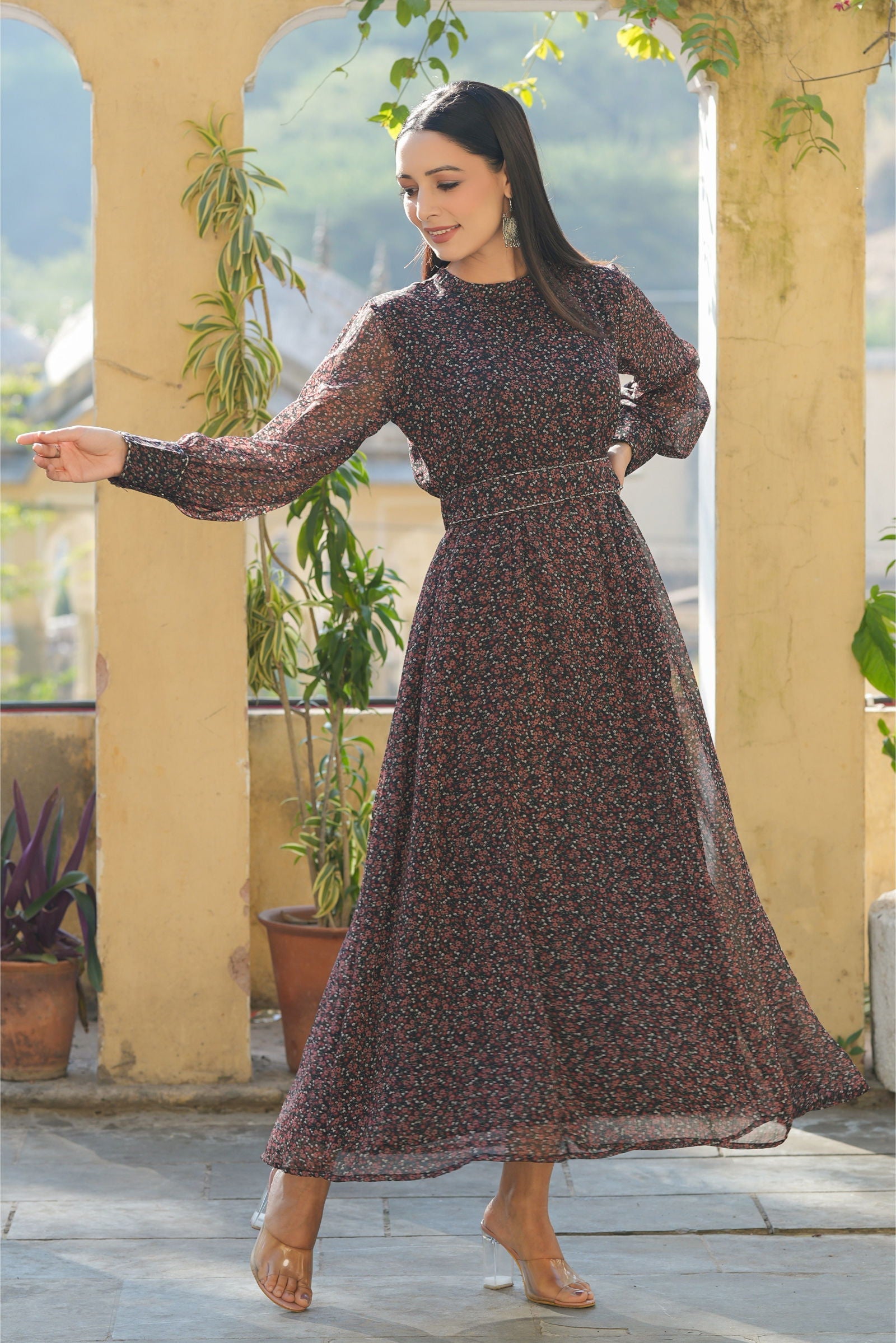 Black Floral Printed Chiffon Flared Maxi Dress with Buttons