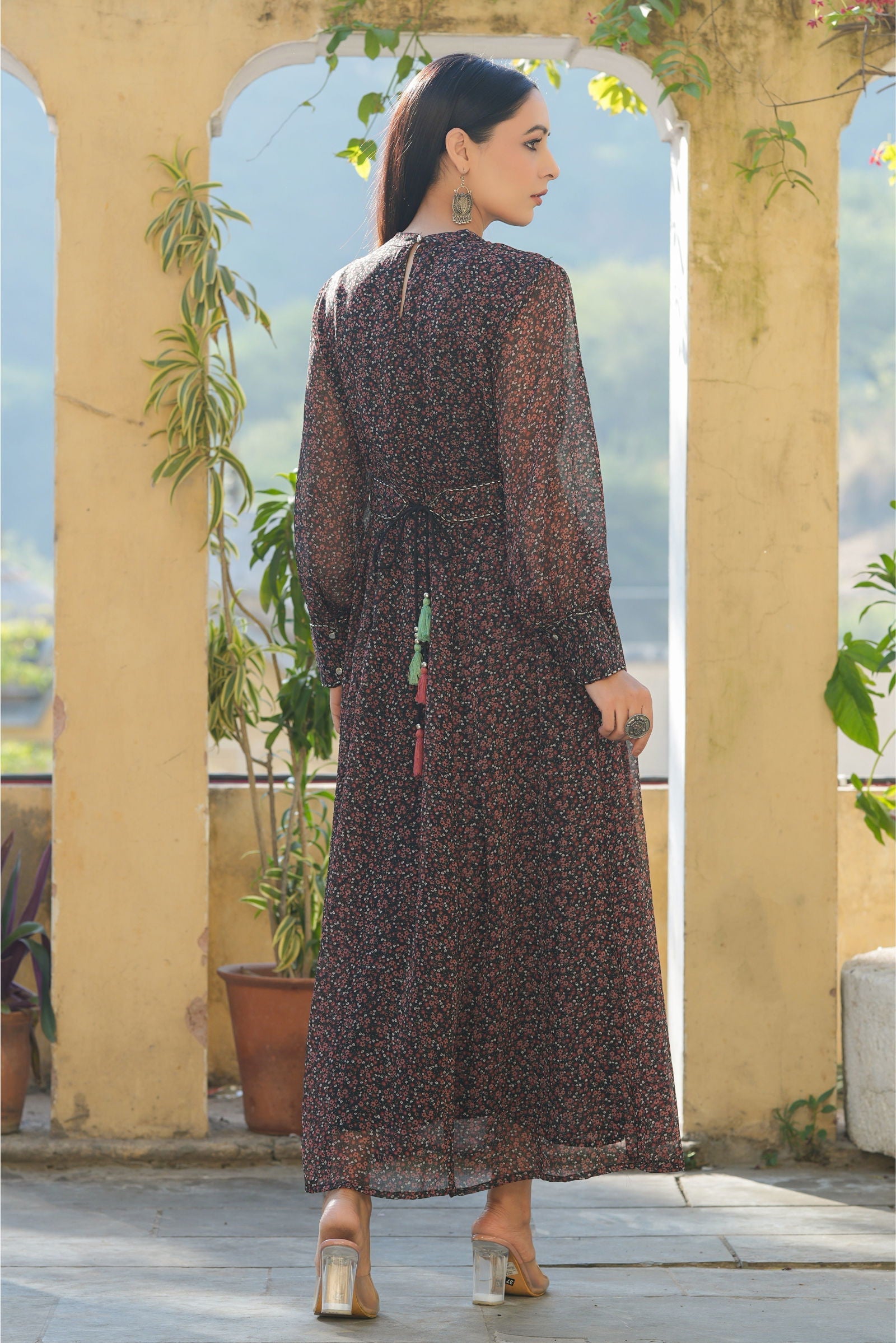 Juniper Black Floral Printed Chiffon Flared Maxi Dress With Buttons.