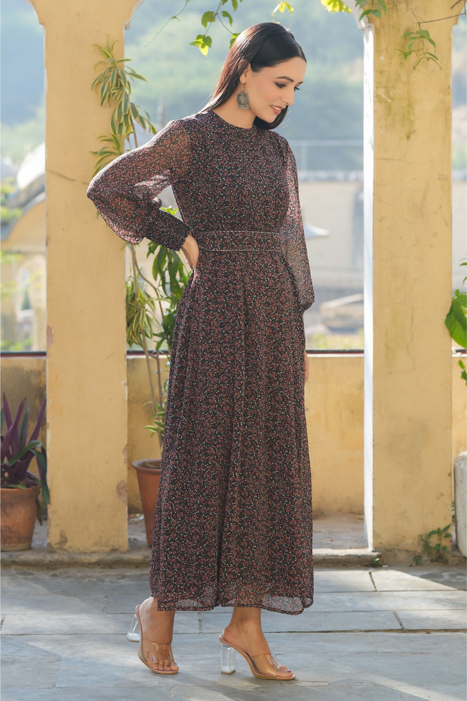 Juniper Black Floral Printed Chiffon Flared Maxi Dress With Buttons.
