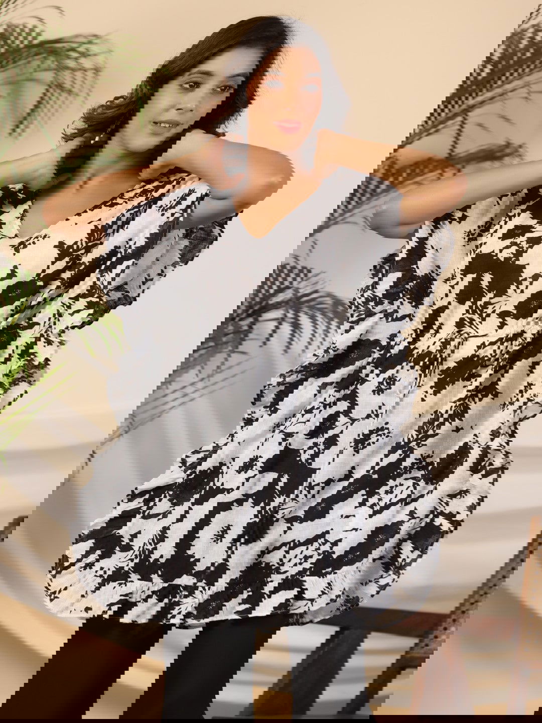 Juniper Black Floral Printed Cotton Dobby Kaftan Tunic