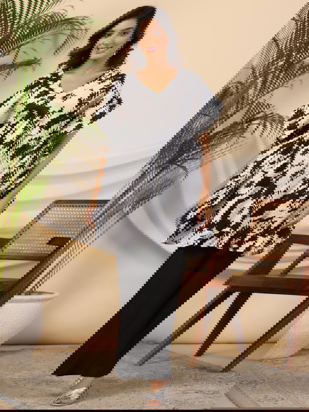 Juniper Black Floral Printed Cotton Dobby Kaftan Tunic