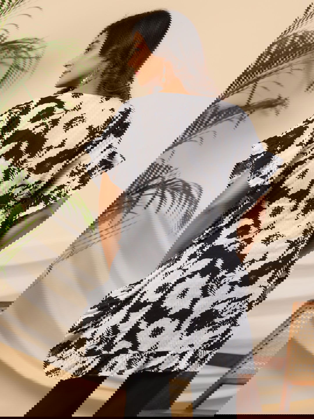 Juniper Black Floral Printed Cotton Dobby Kaftan Tunic