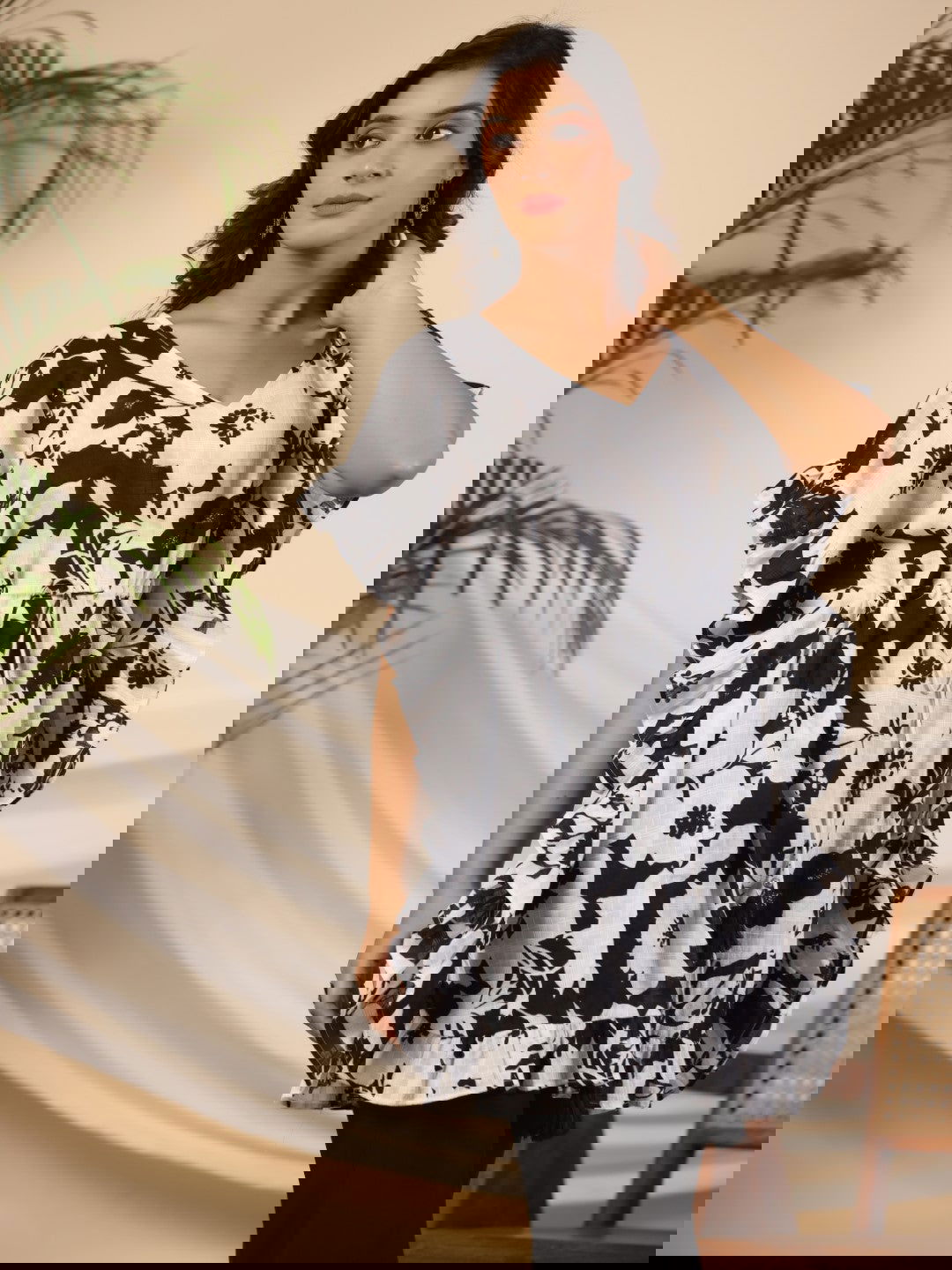 Juniper Black Floral Printed Cotton Dobby Kaftan Tunic