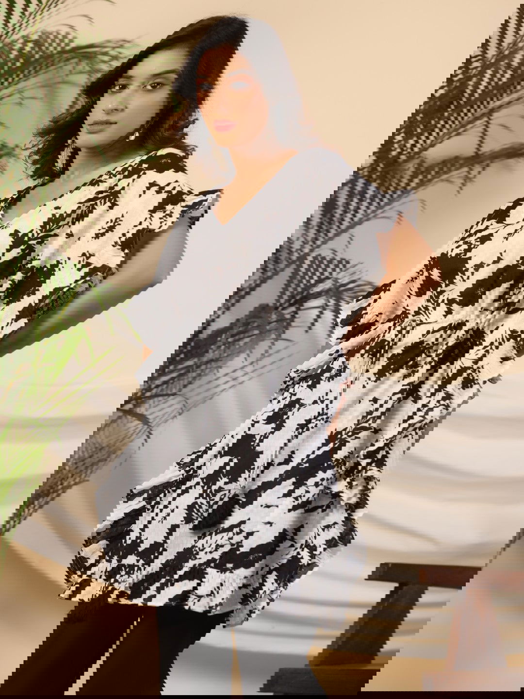 Juniper Black Floral Printed Cotton Dobby Kaftan Tunic