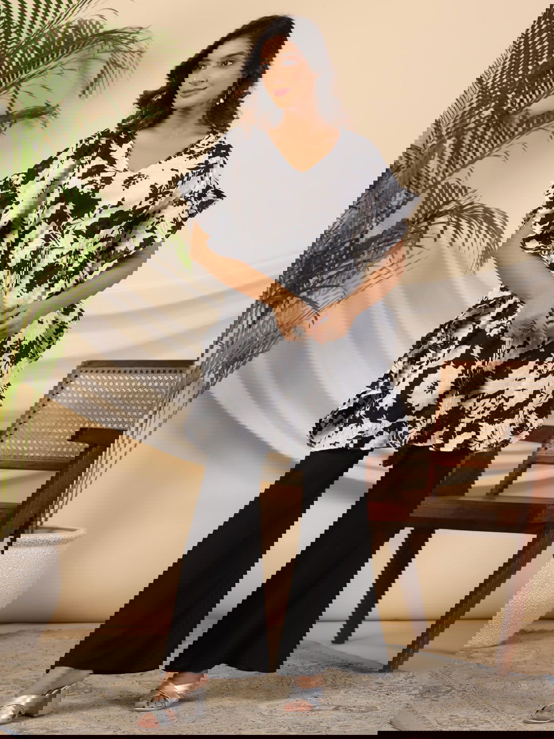 Juniper Black Floral Printed Cotton Dobby Kaftan Tunic