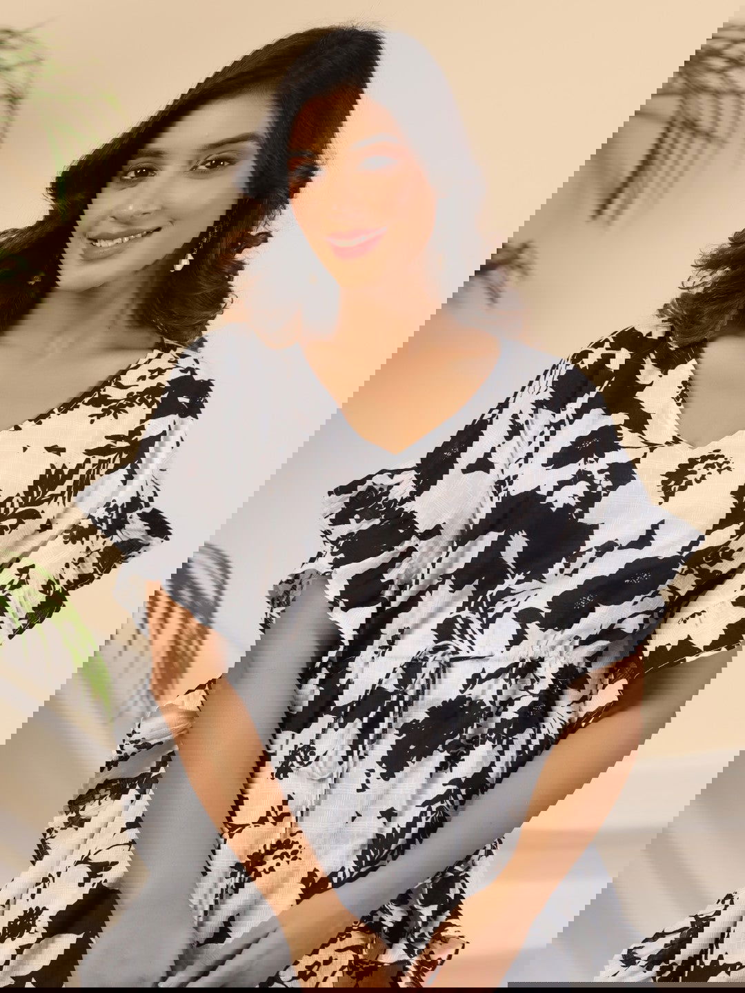 Juniper Black Floral Printed Cotton Dobby Kaftan Tunic