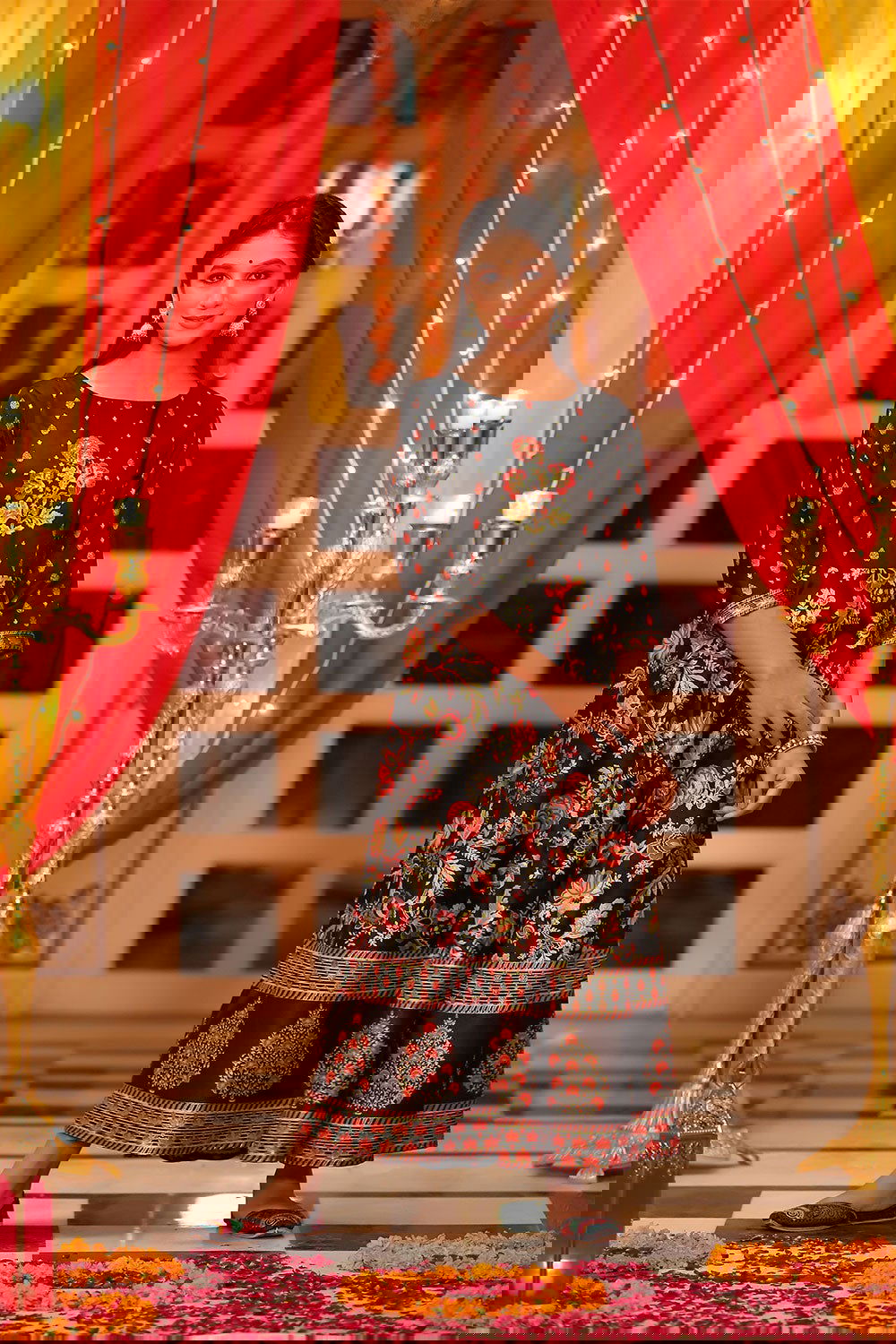 Juniper Black Floral Printed Dull Satin Maxi Dress Beads Work