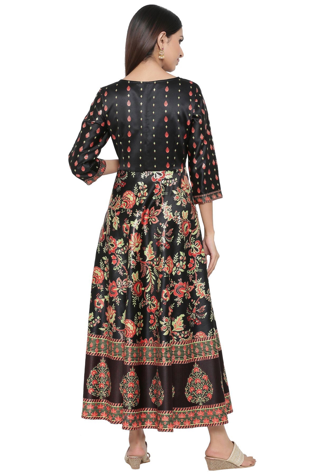 Juniper Black Floral Printed Dull Satin Maxi Dress Beads Work