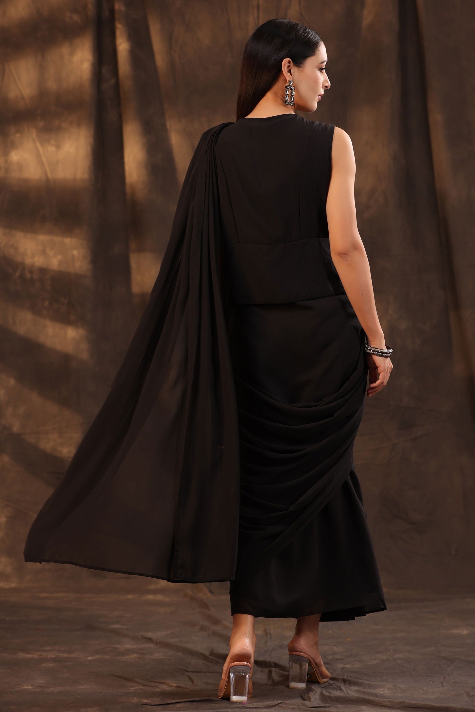 Juniper Black Floral Printed Georgette Embellished Pre-Draped Saree Style Dress With Thread Work Embroidery