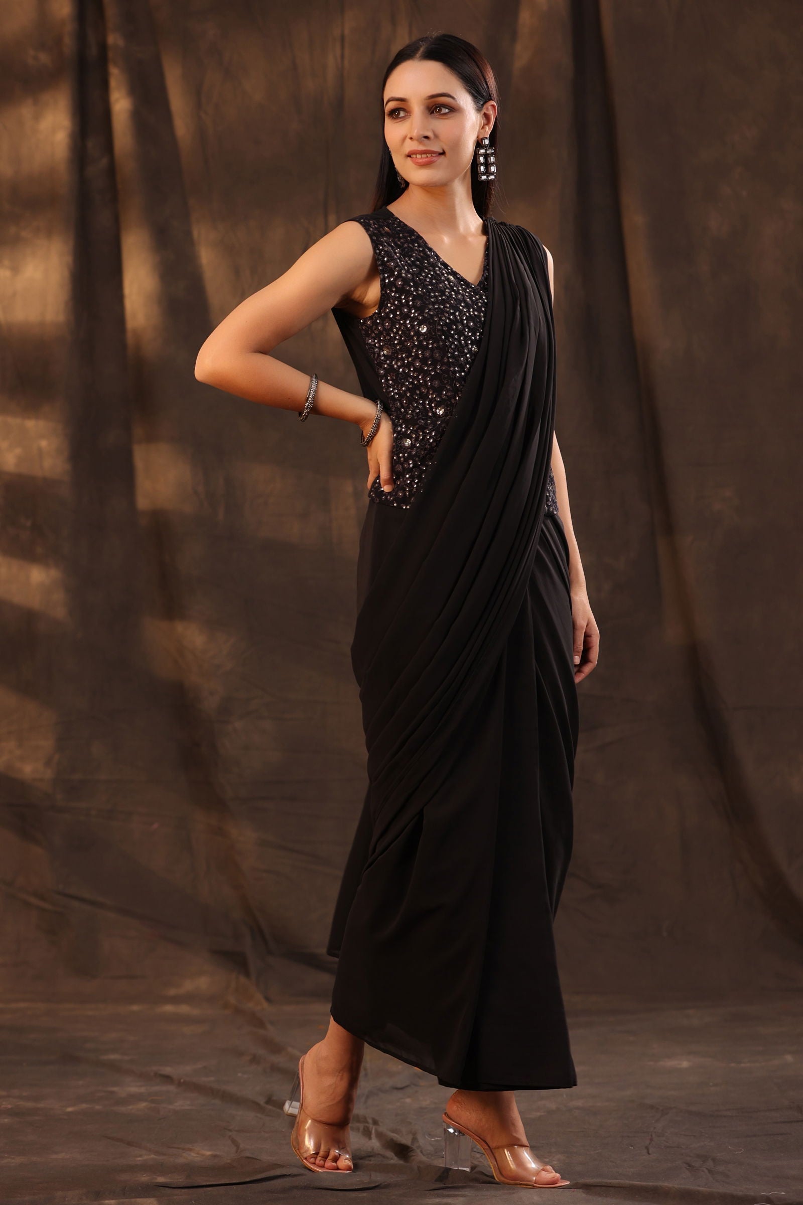 Juniper Black Floral Printed Georgette Embellished Pre-Draped Saree Style Dress With Thread Work Embroidery