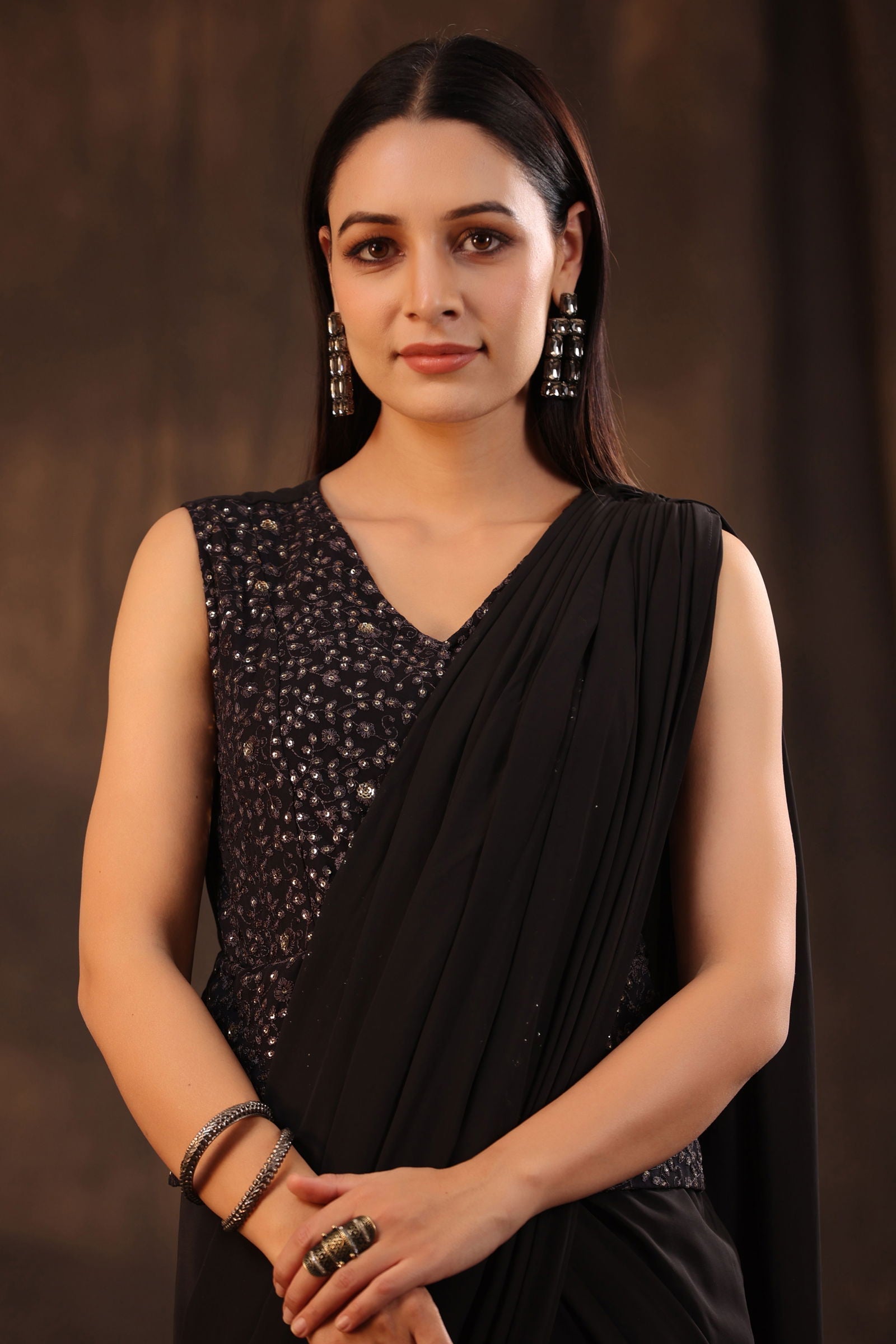 Juniper Black Floral Printed Georgette Embellished Pre-Draped Saree Style Dress With Thread Work Embroidery