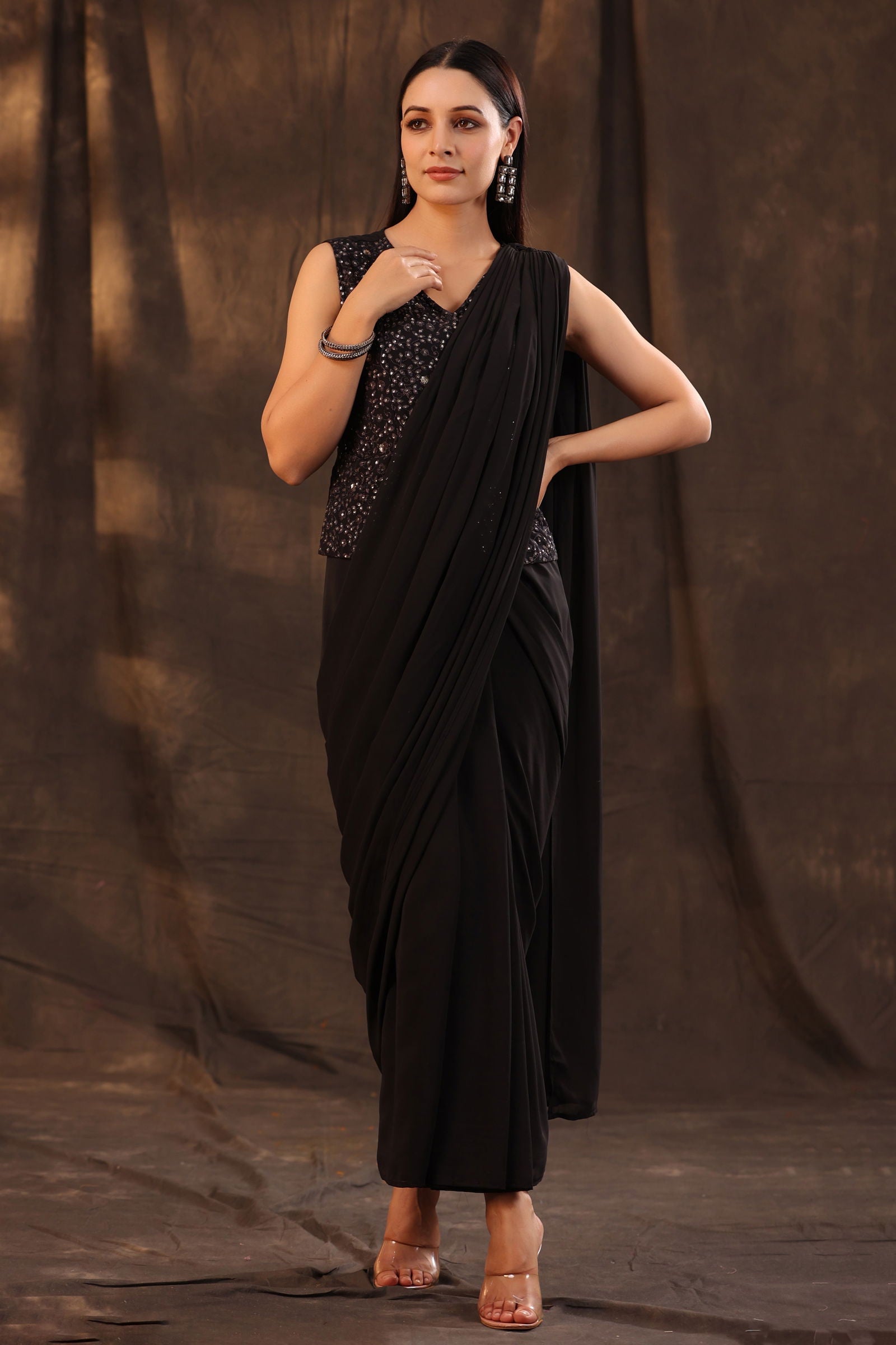 Juniper Black Floral Printed Georgette Embellished Pre-Draped Saree Style Dress With Thread Work Embroidery