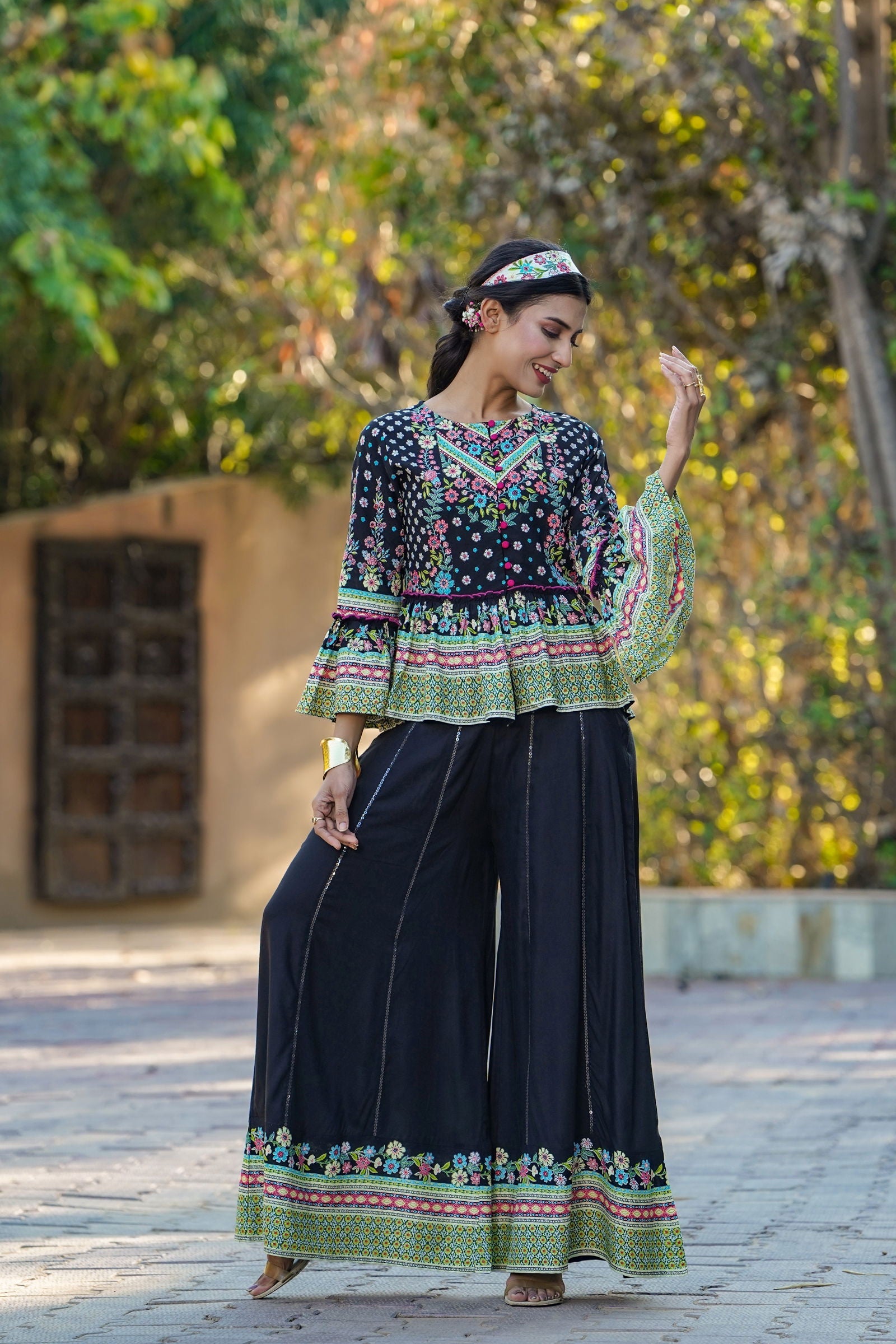 Juniper Black Floral Printed Rayon Co-Ord Set With Sequins Details