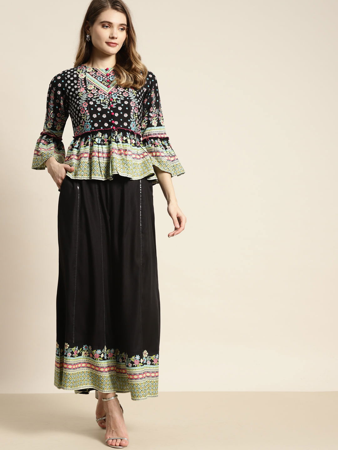 Juniper Black Floral Printed Rayon Co-Ord Set With Sequins Details