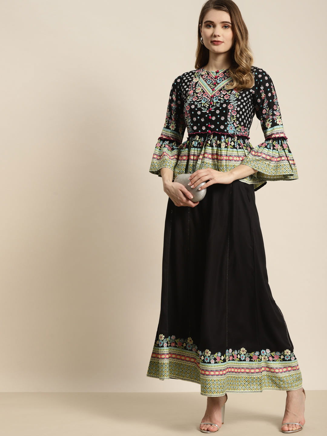 Juniper Black Floral Printed Rayon Co-Ord Set With Sequins Details