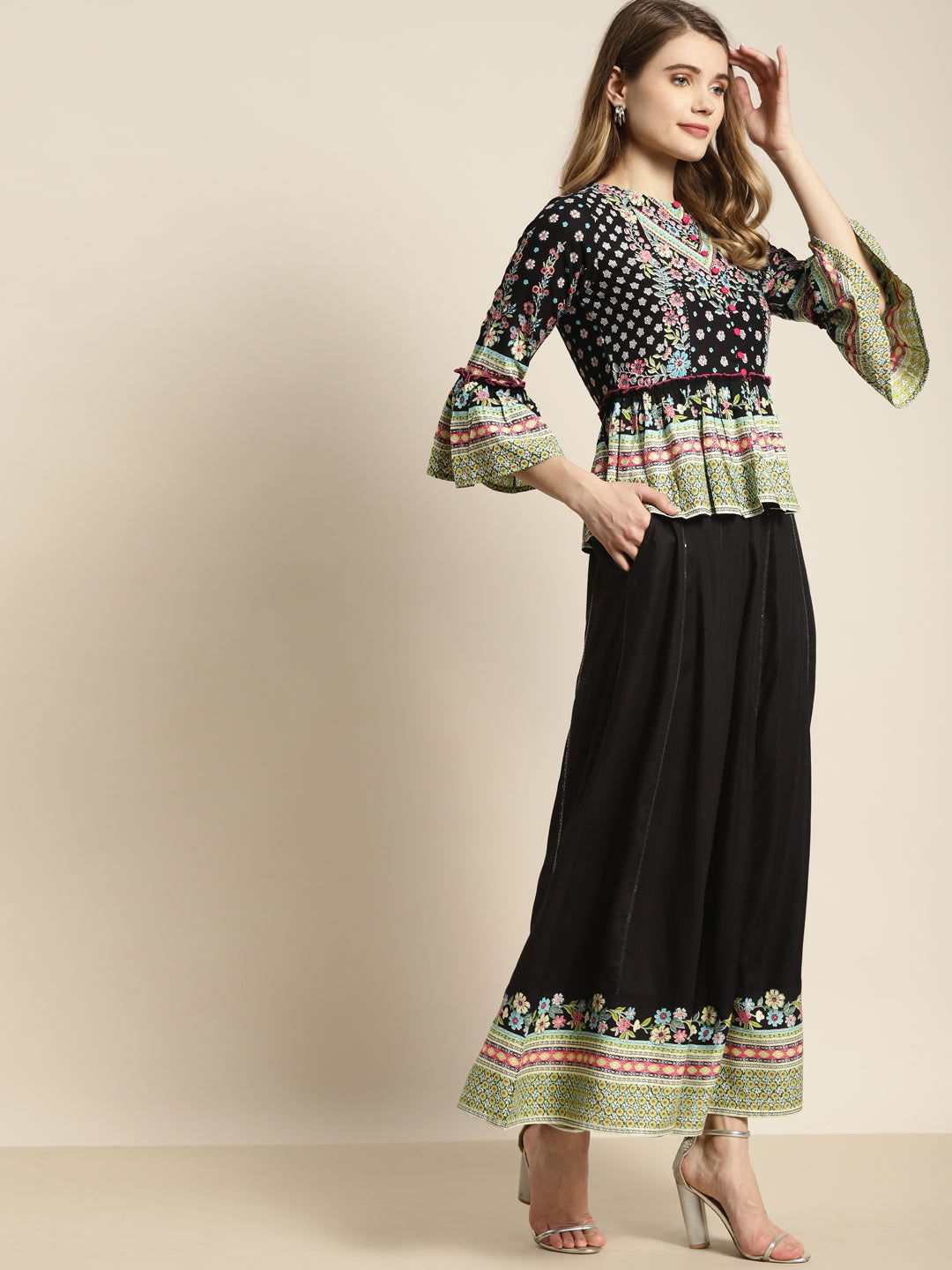 Juniper Black Floral Printed Rayon Co-Ord Set With Sequins Details