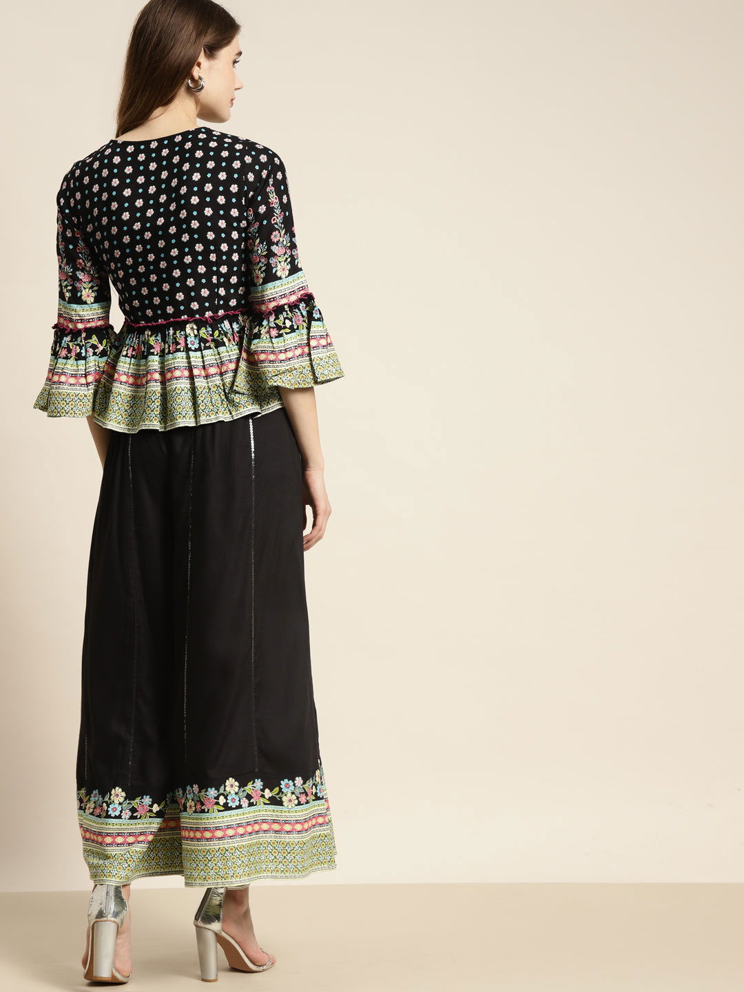 Juniper Black Floral Printed Rayon Co-Ord Set With Sequins Details