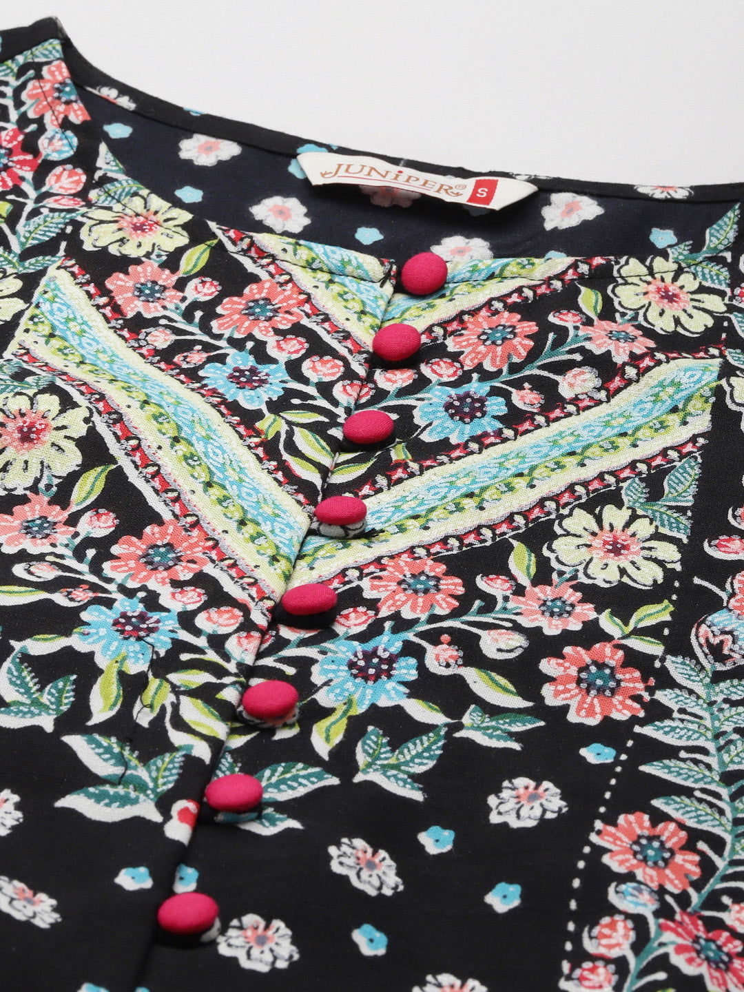 Juniper Black Floral Printed Rayon Co-Ord Set With Sequins Details