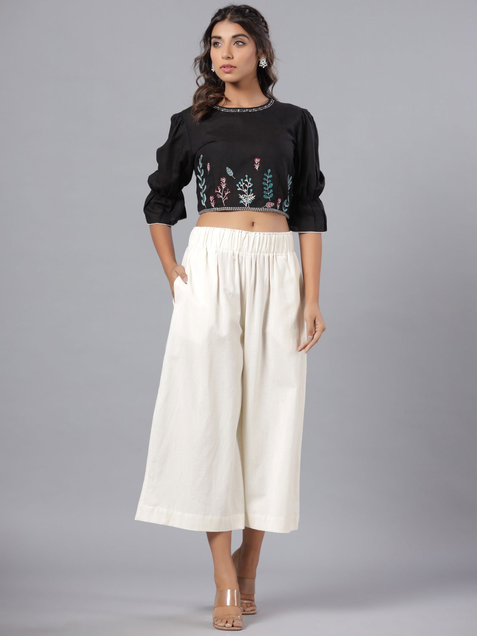 Juniper Black Floral Printed Rayon Flex Crop Top With Thread Embroidery