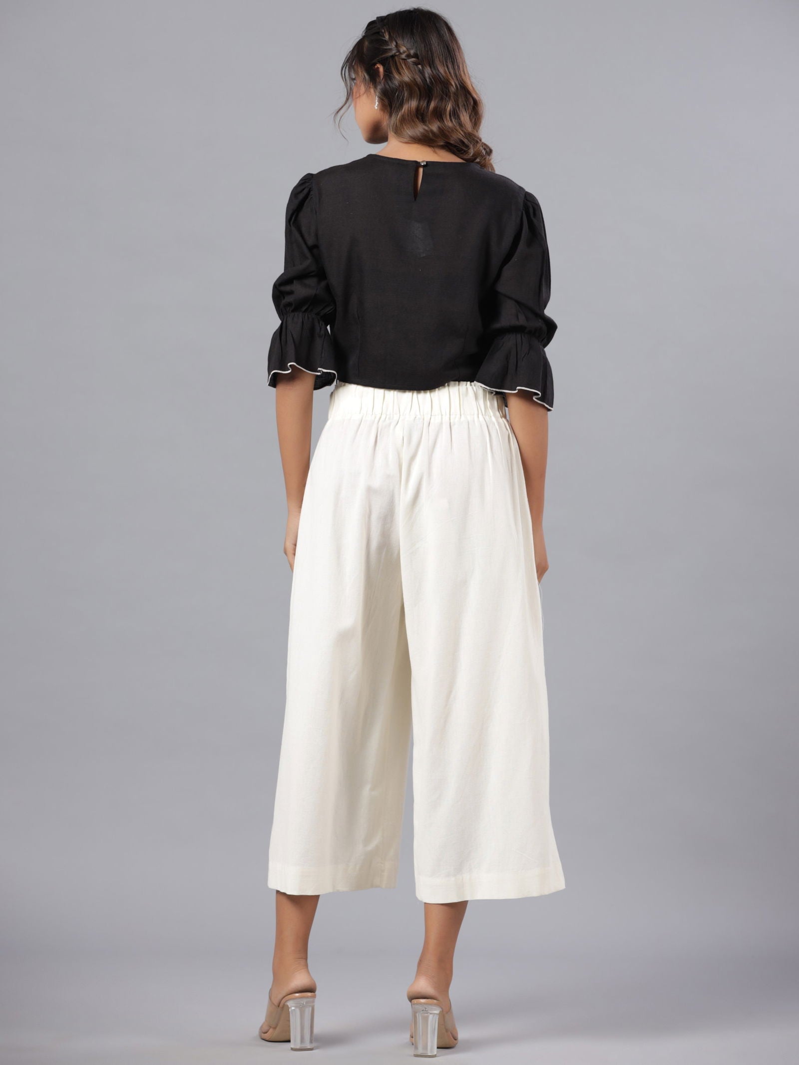 Juniper Black Floral Printed Rayon Flex Crop Top With Thread Embroidery