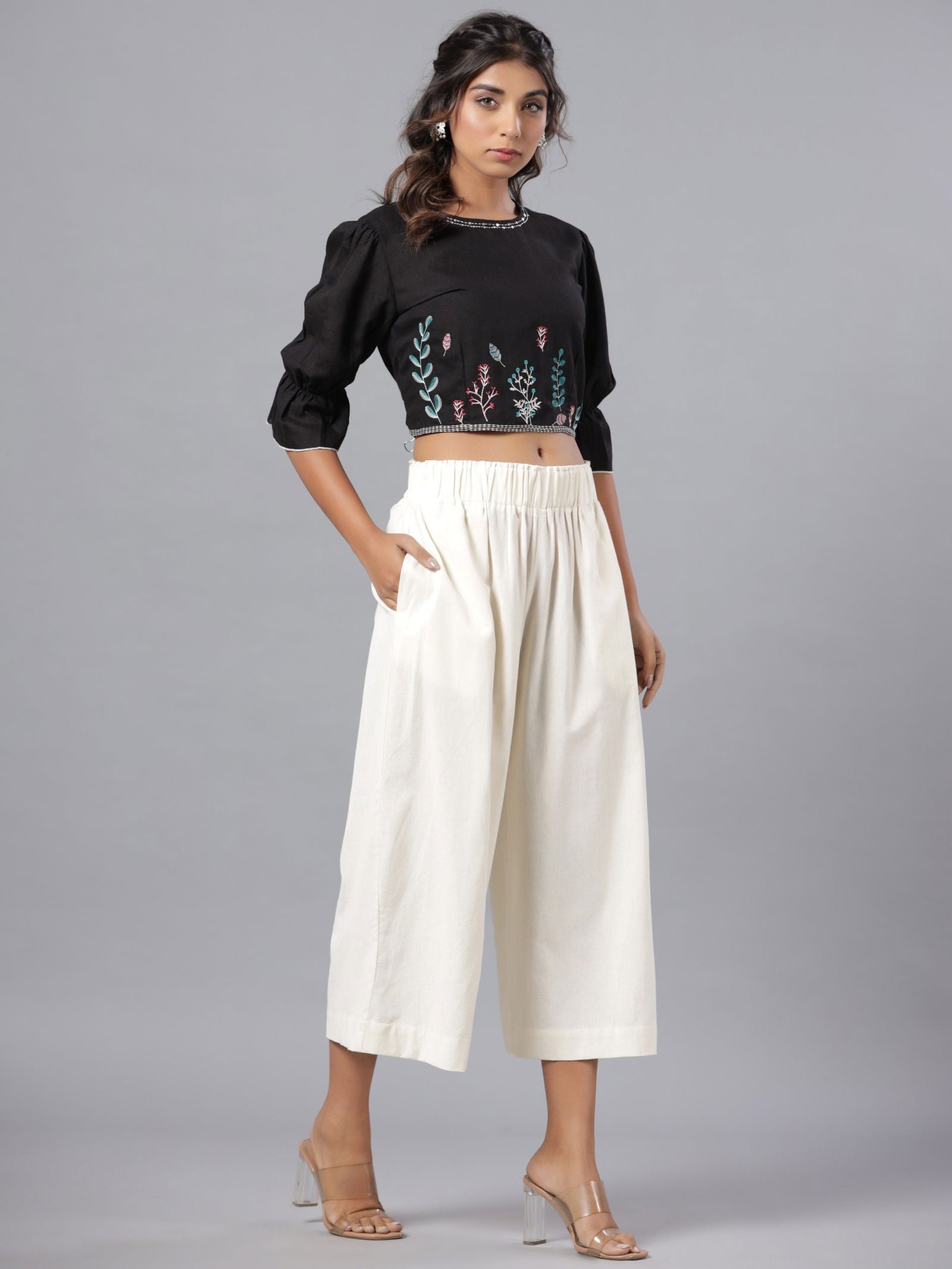 Juniper Black Floral Printed Rayon Flex Crop Top With Thread Embroidery