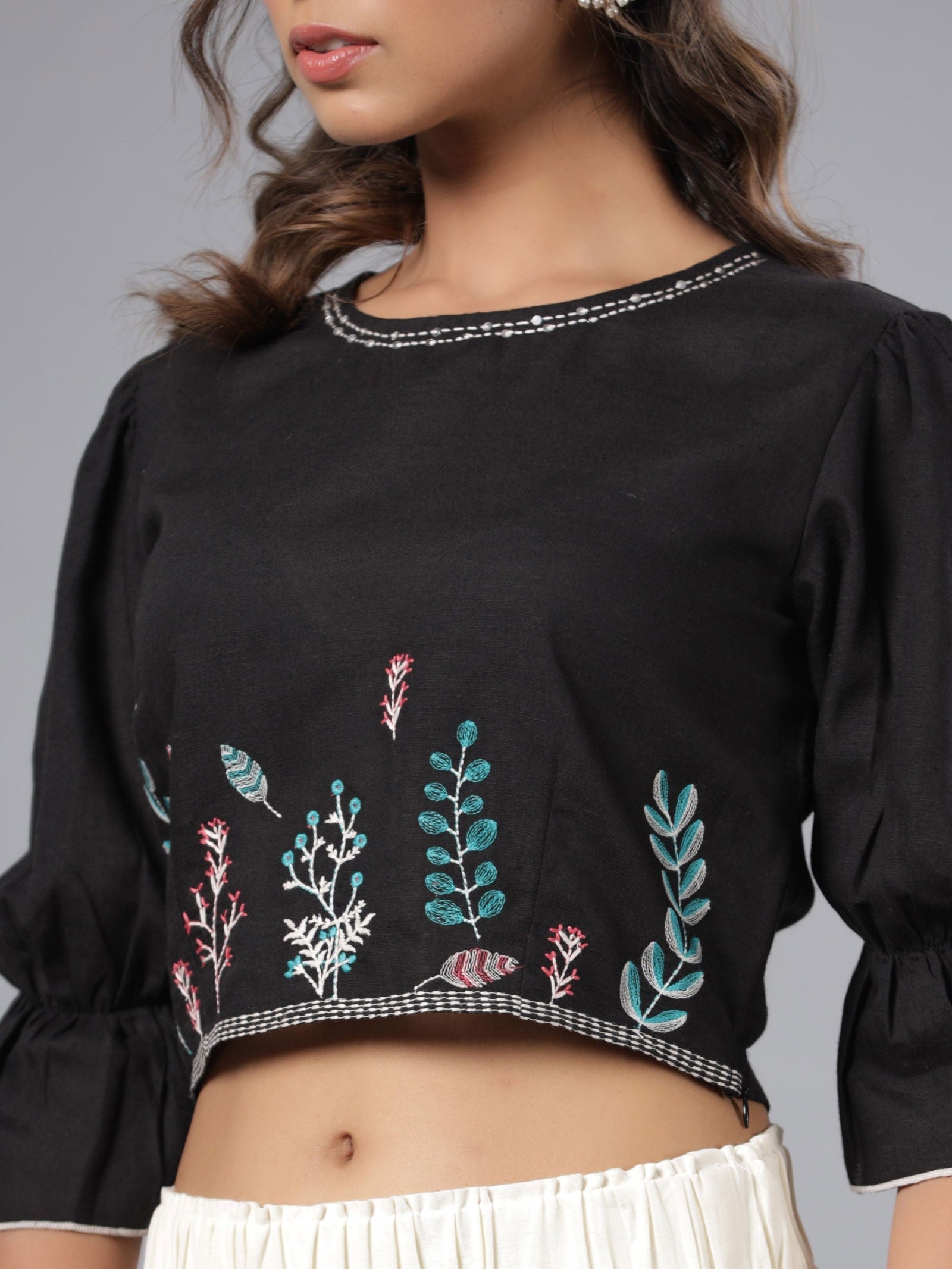 Juniper Black Floral Printed Rayon Flex Crop Top With Thread Embroidery