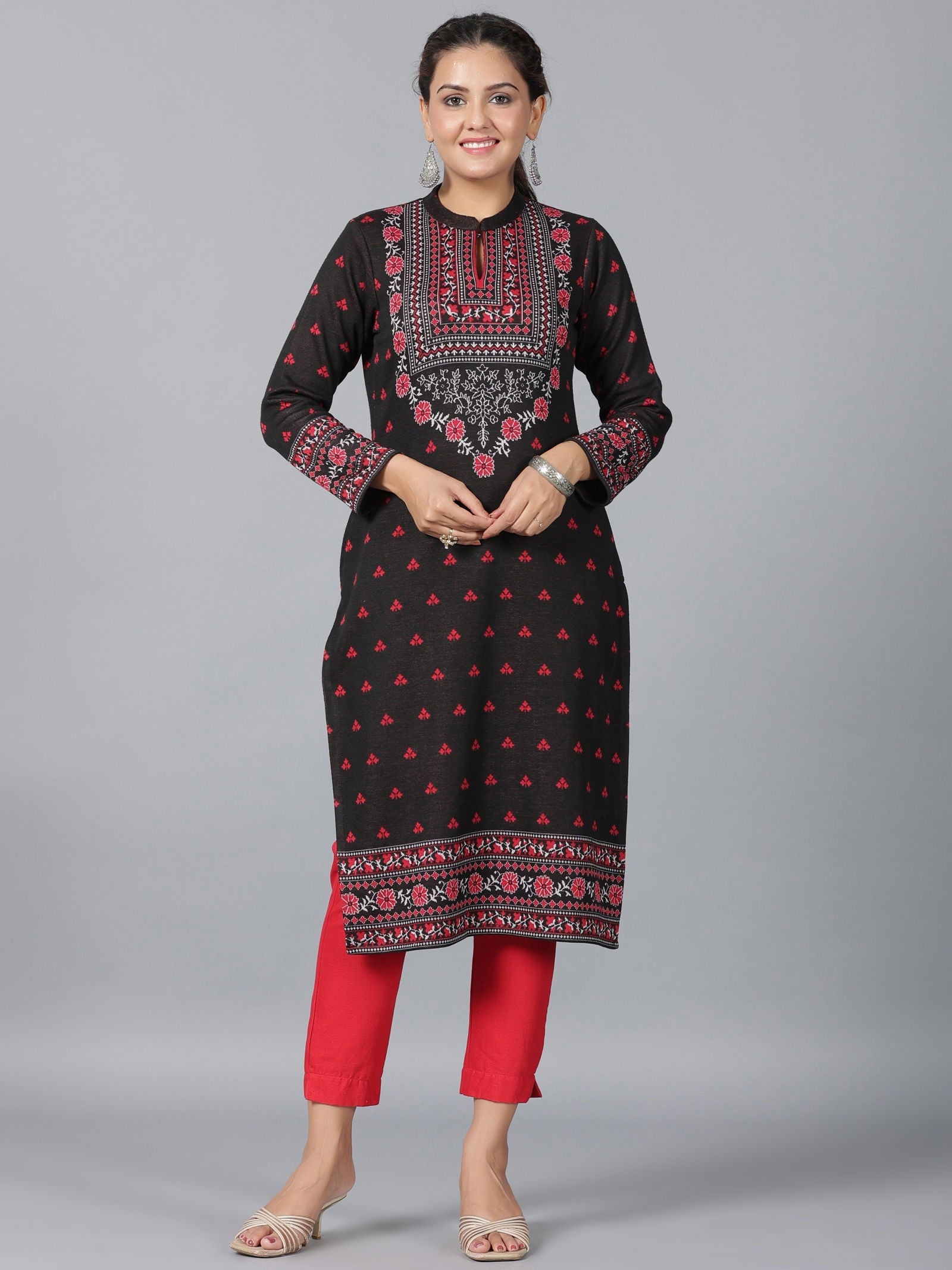 Juniper Black Floral Printed Woolen Straight Kurta.