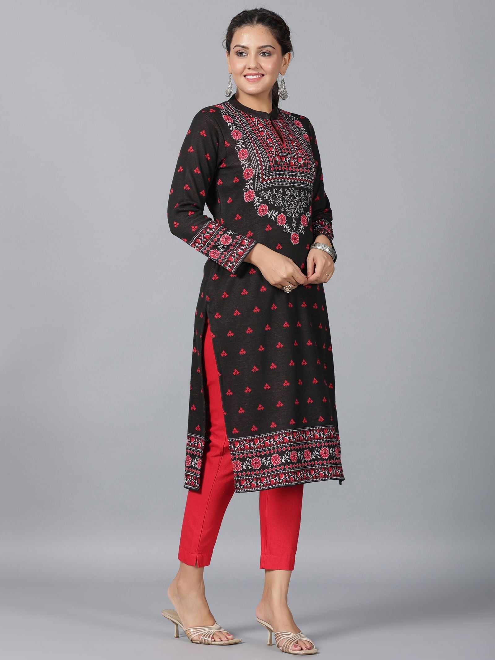 Juniper Black Floral Printed Woolen Straight Kurta.