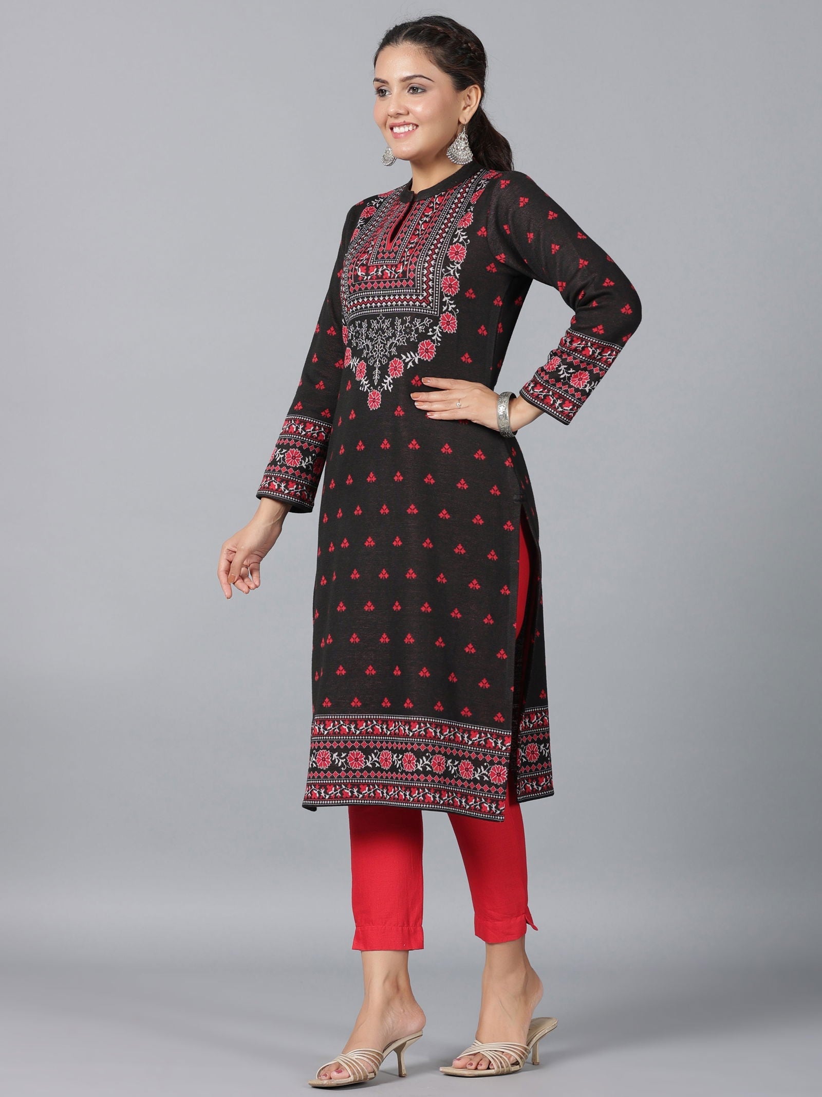 Juniper Black Floral Printed Woolen Straight Kurta.