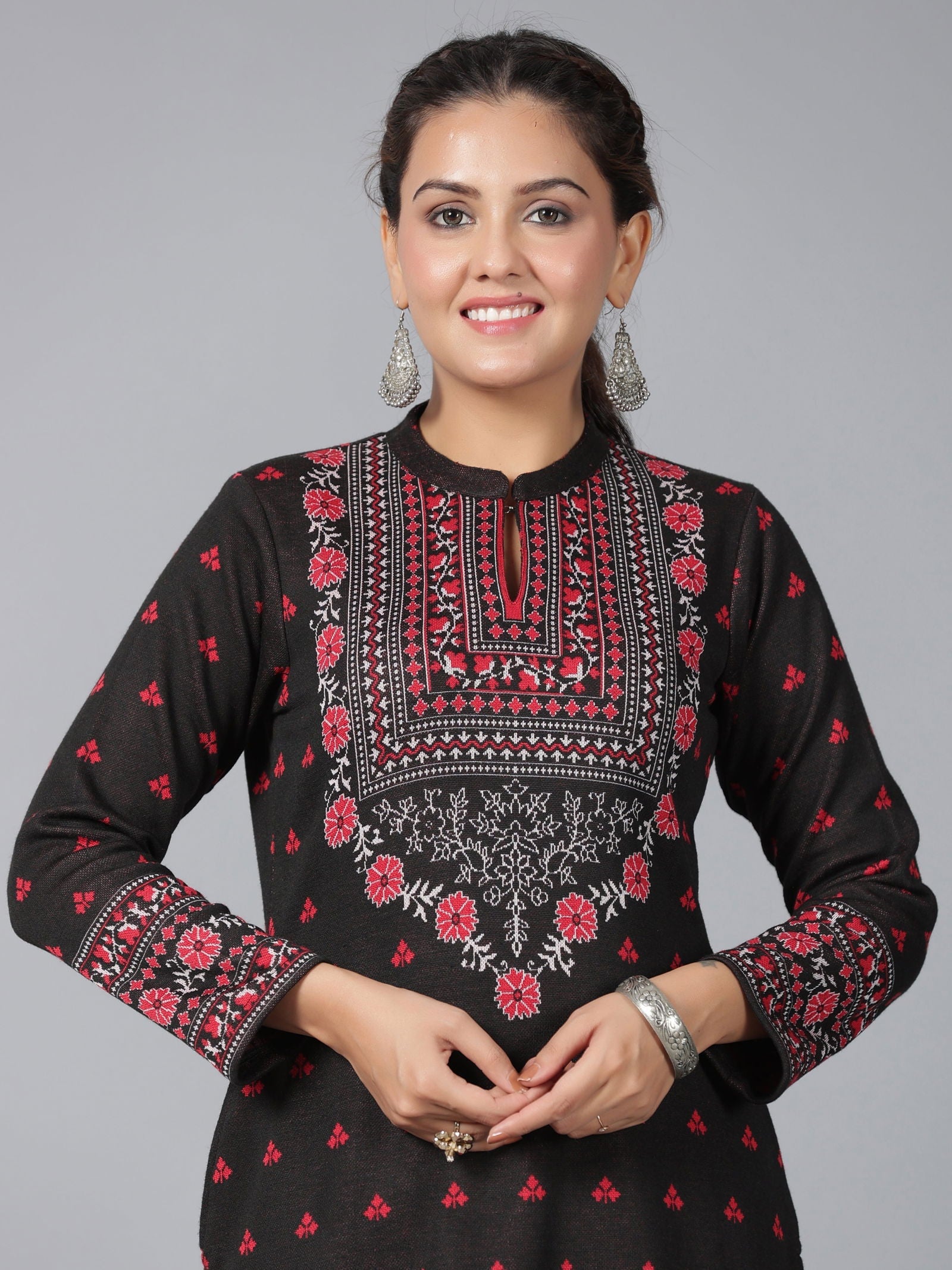 Juniper Black Floral Printed Woolen Straight Kurta.