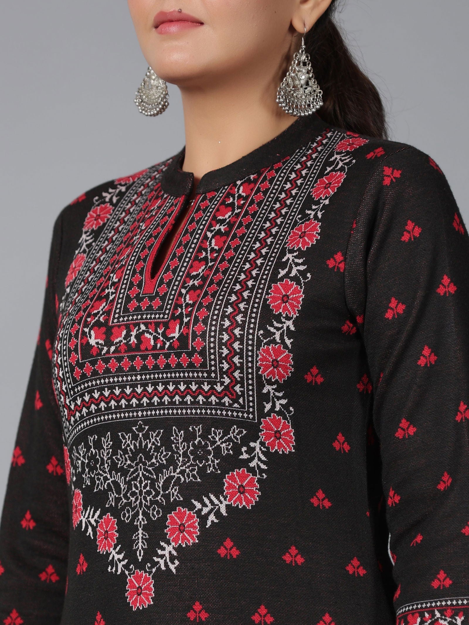 Juniper Black Floral Printed Woolen Straight Kurta.