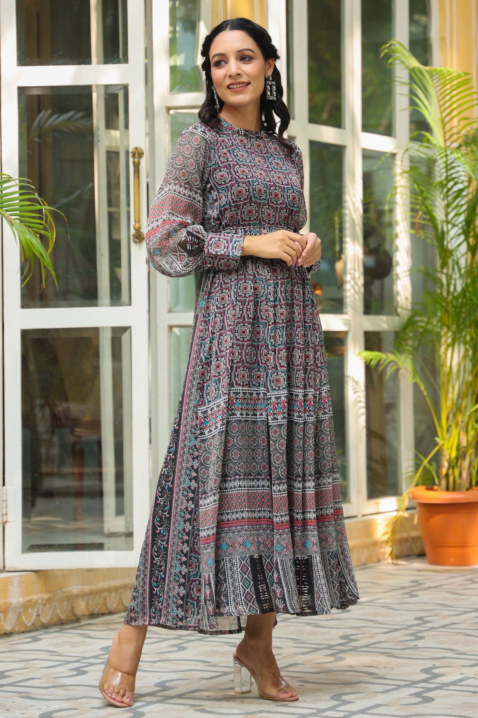 Juniper Black Geometric Printed Chiffon Flared Maxi Dress With Buttons.