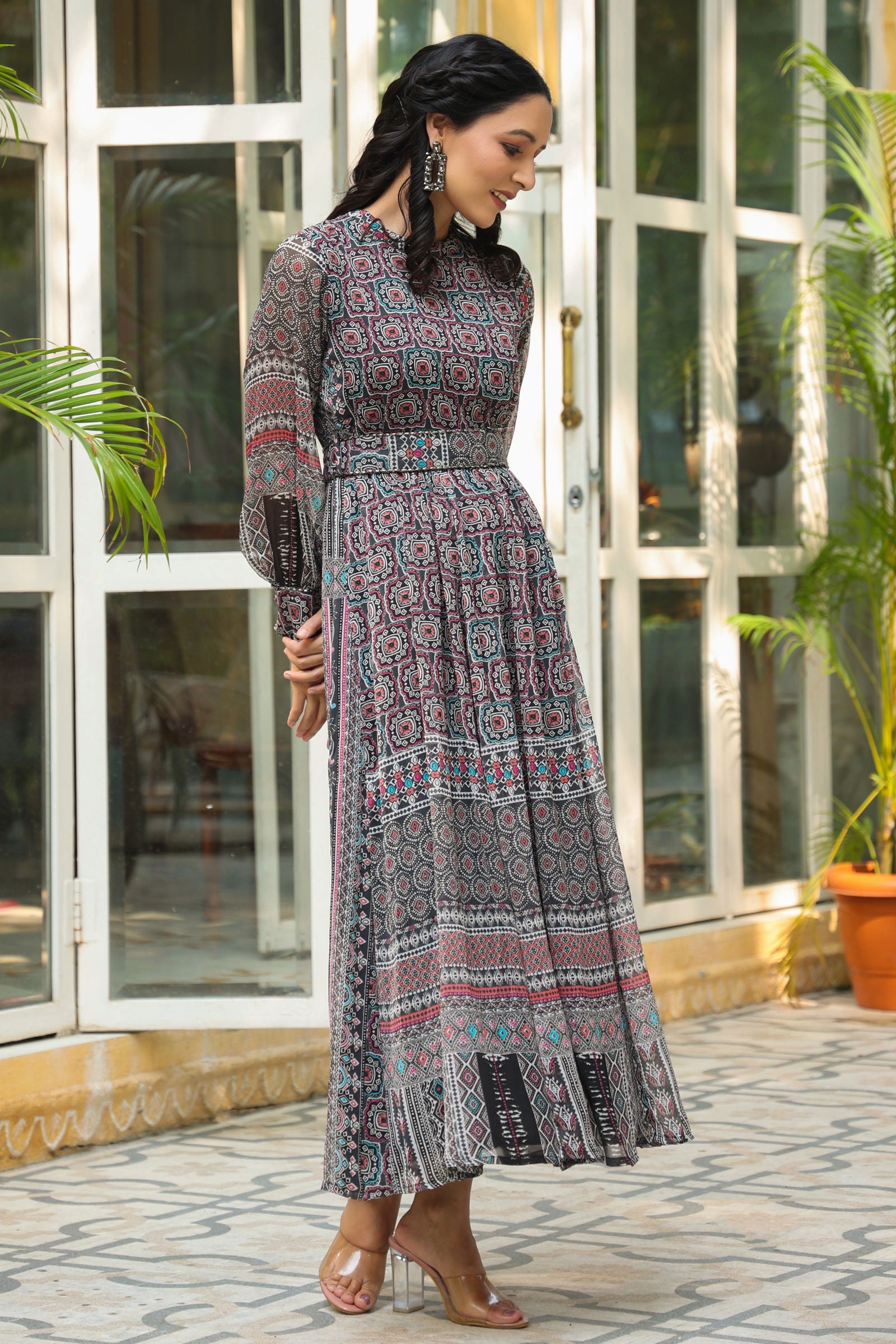 Juniper Black Geometric Printed Chiffon Flared Maxi Dress With Buttons.