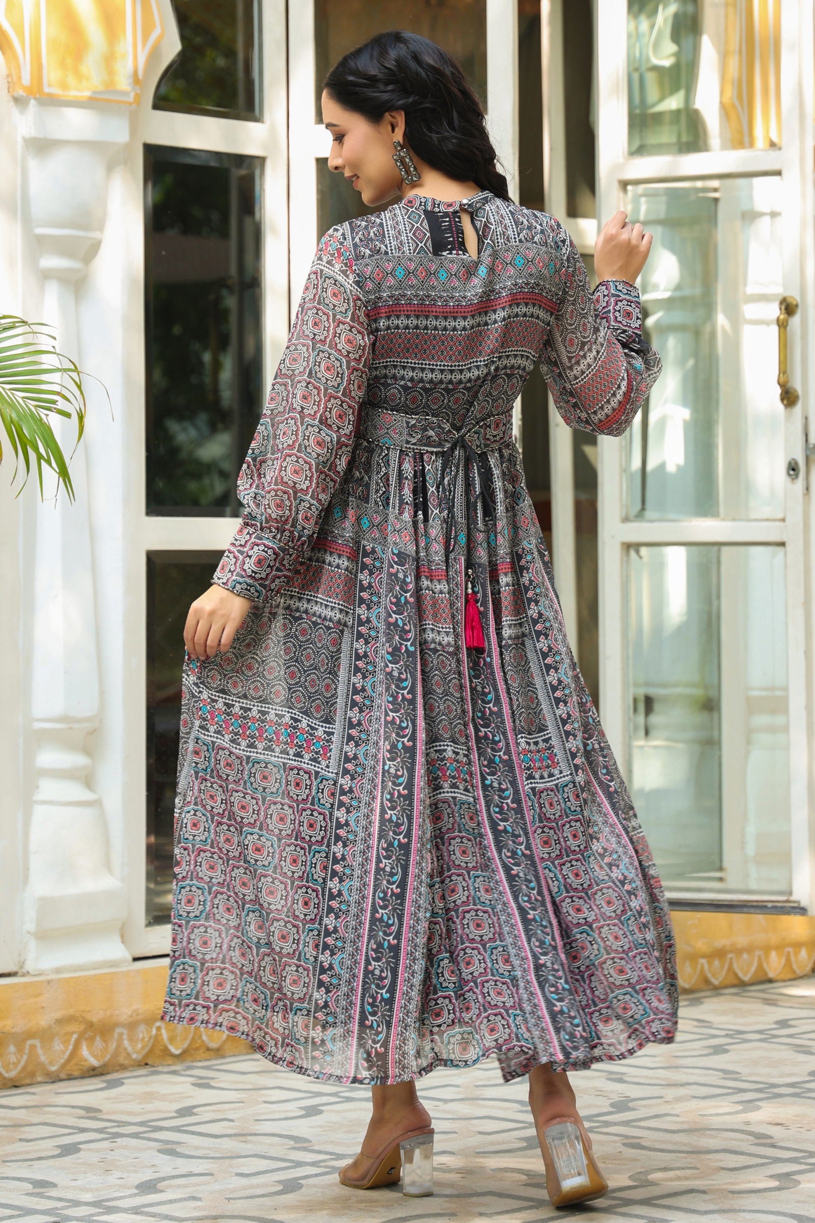 Juniper Black Geometric Printed Chiffon Flared Maxi Dress With Buttons.