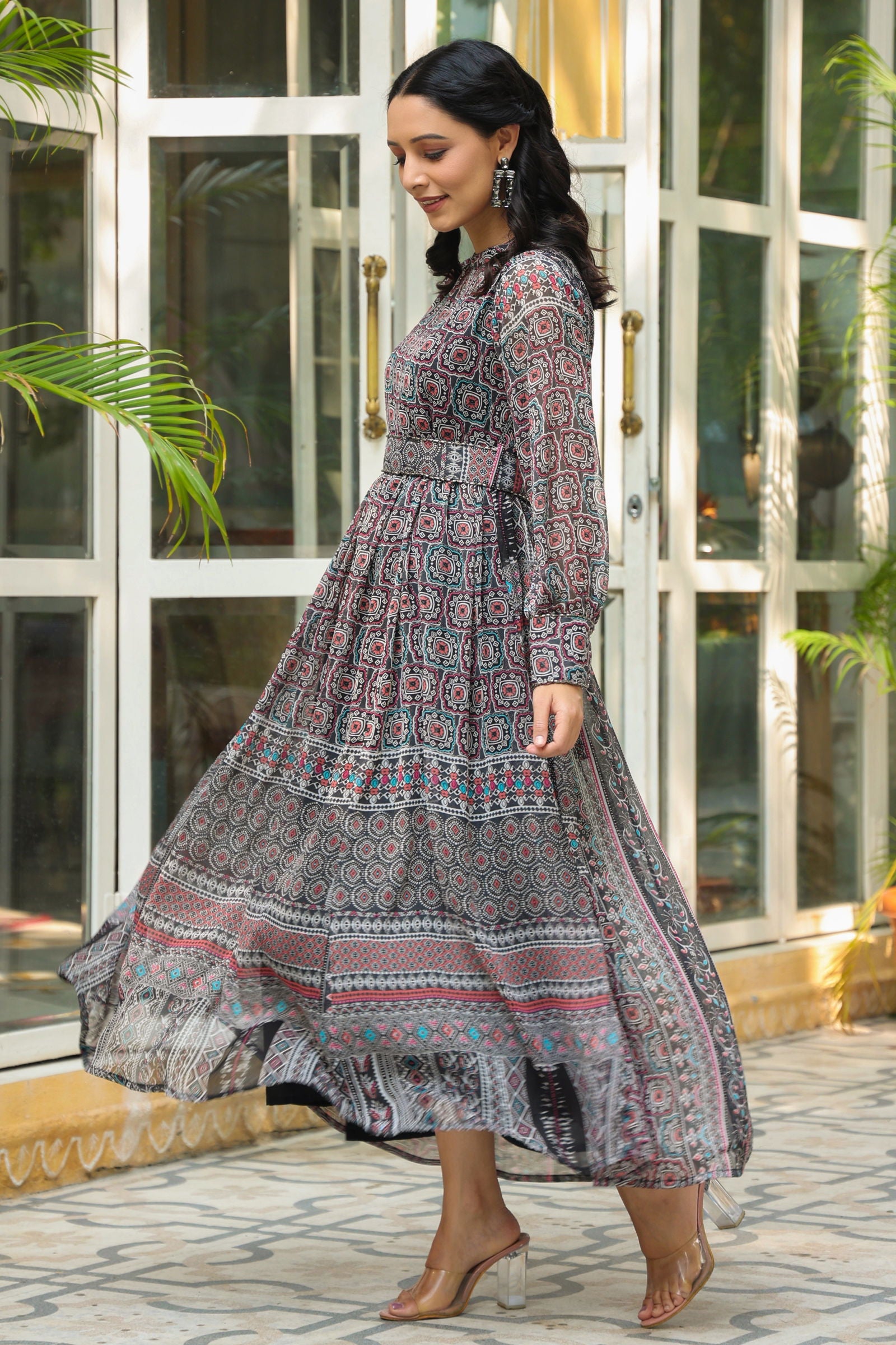 Juniper Black Geometric Printed Chiffon Flared Maxi Dress With Buttons.