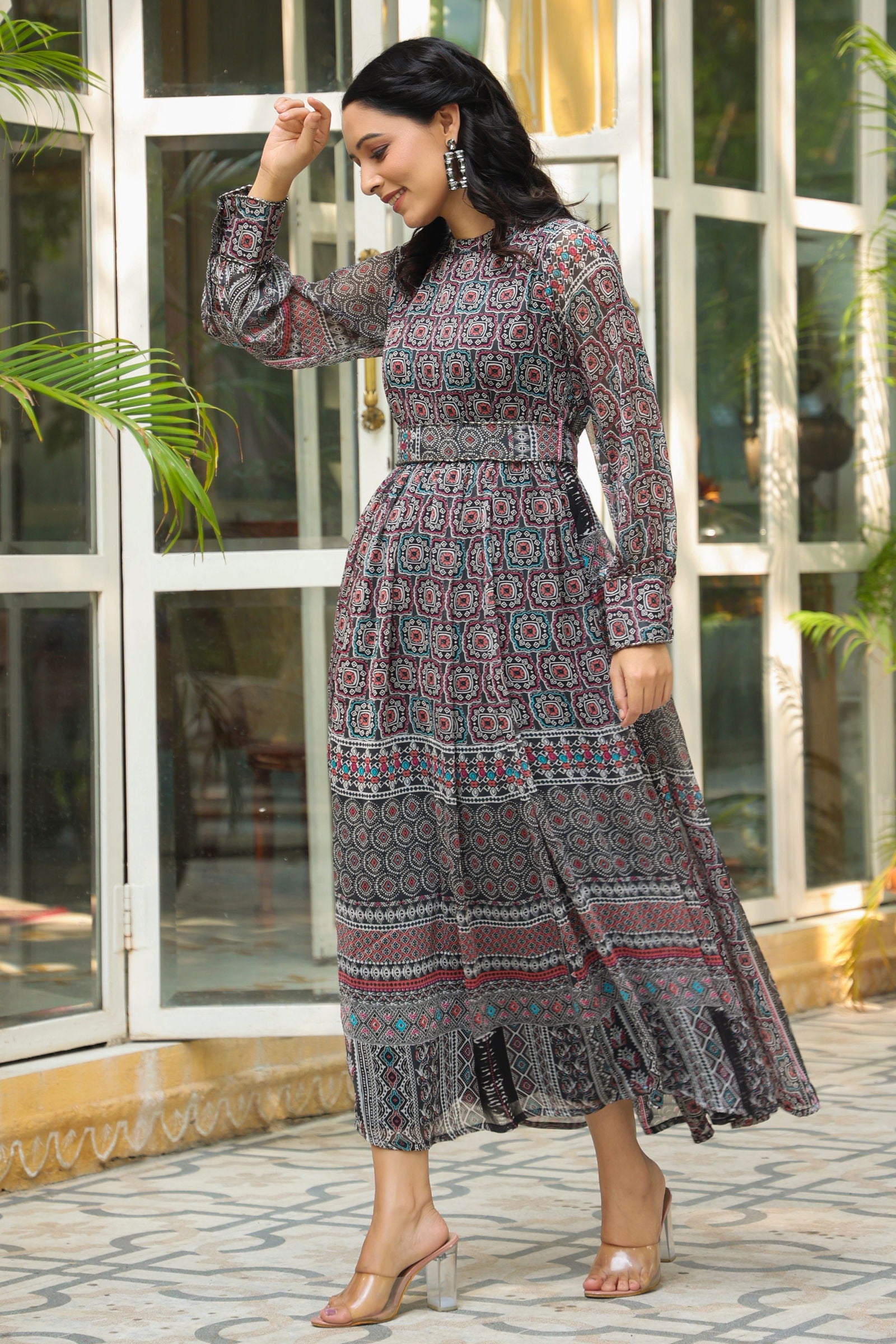 Juniper Black Geometric Printed Chiffon Flared Maxi Dress With Buttons.