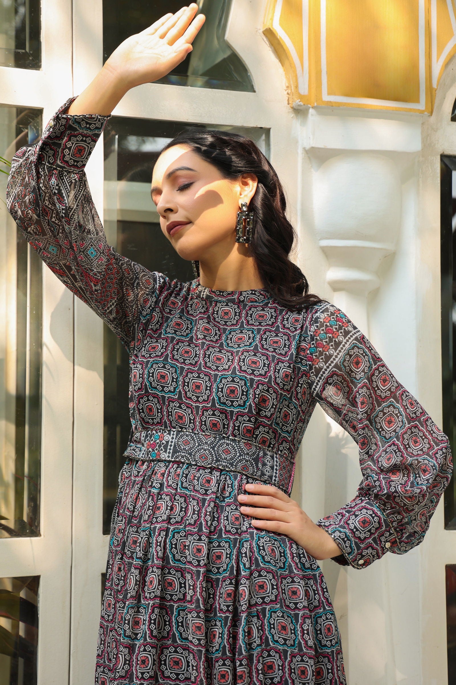 Juniper Black Geometric Printed Chiffon Flared Maxi Dress With Buttons.