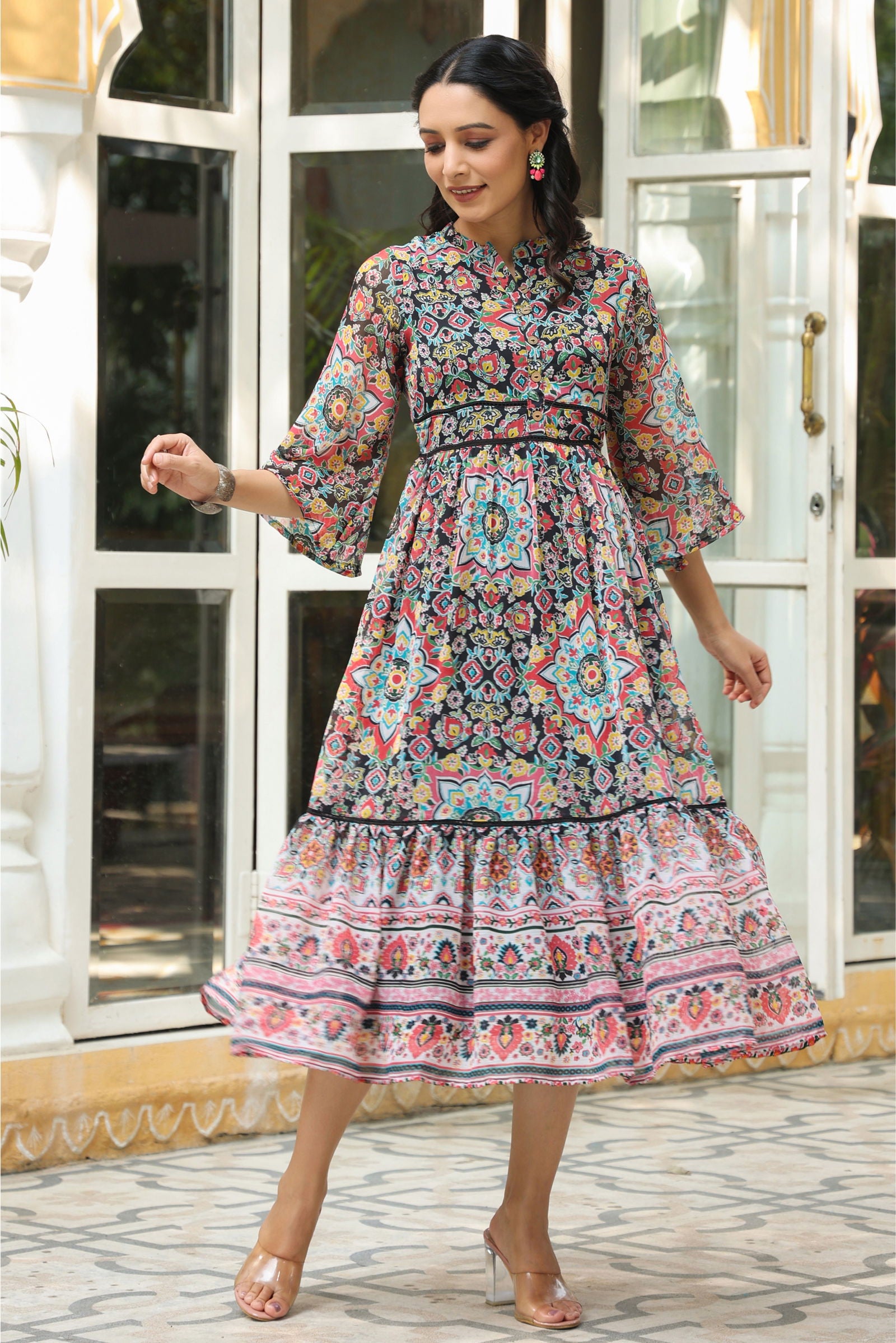 Juniper Black Geometric Printed Chiffon Tiered Maxi Dress With Buttons.